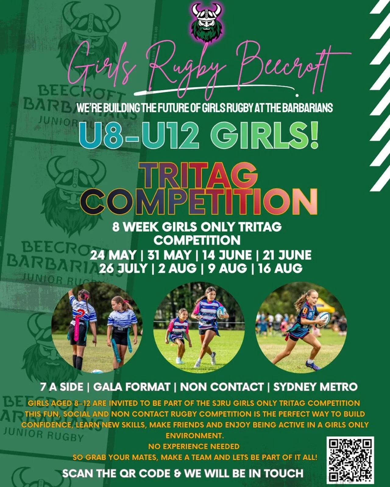 🏉 GIRLS RUGBY AT BEECROFT 💚💗

Got a daughter, niece, granddaughter or friend who&rsquo;s keen to try something new? This is for her!

Beecroft Barbarians are excited to be part of the SJRU Girls Only Tri Tag Competition for girls aged U8&ndash;U12