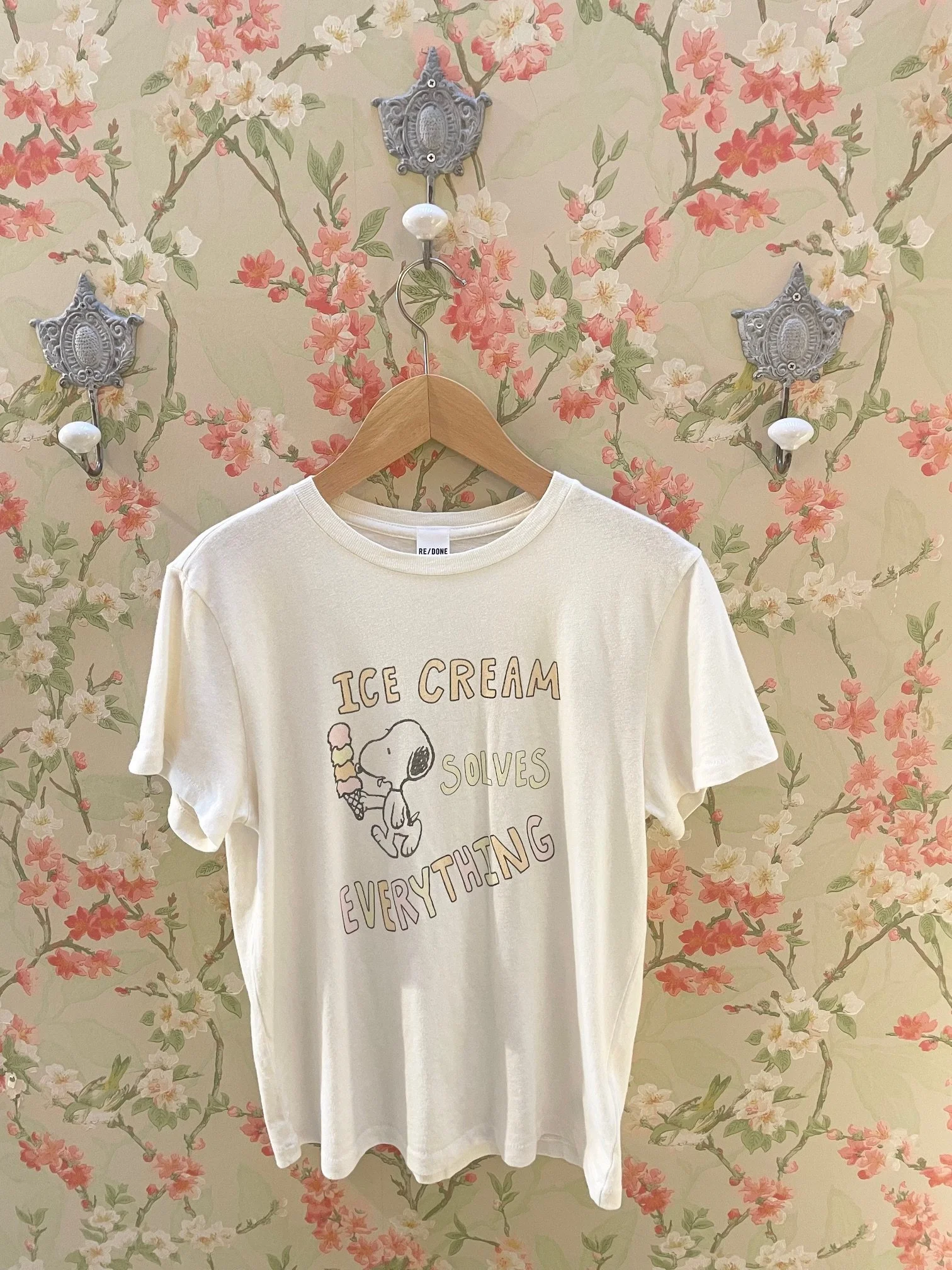 Nouveau ! RE/DONE T-shirt Classic Snoopy Ice Cream Vintage White