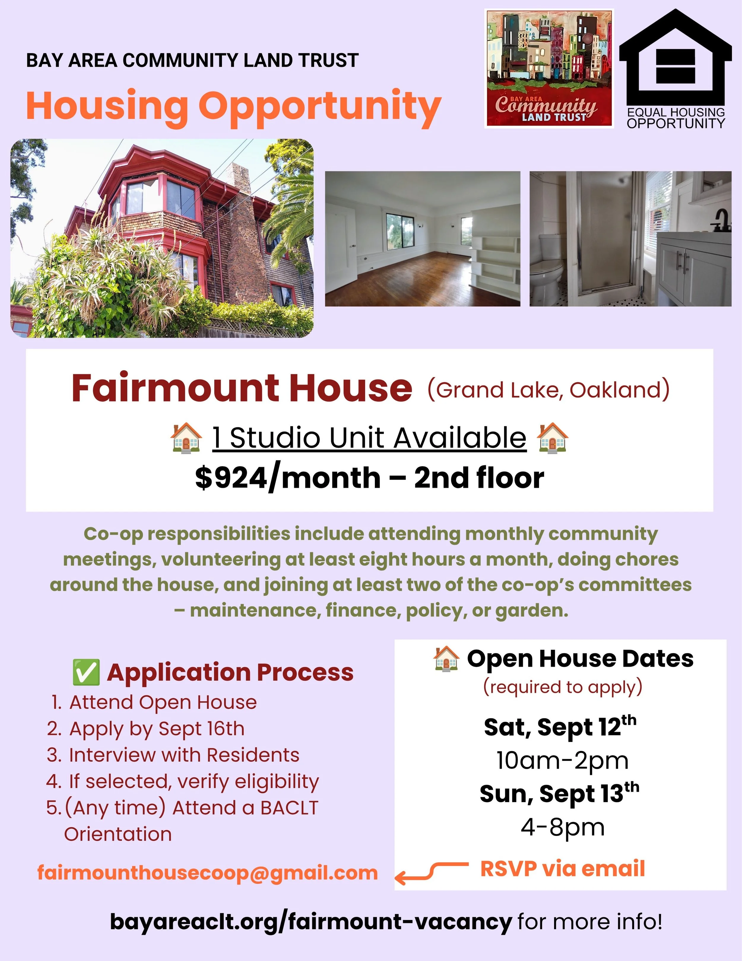 Open Studio at Fairmount House in Oakland 🥳 Attend one of their open houses on Sat, Sept 12 or Sun, Sept 13 to be eligible for an application! Go to https://www.bayareaclt.org/fairmount-vacancy to learn more 🏡❤️🤎🌳