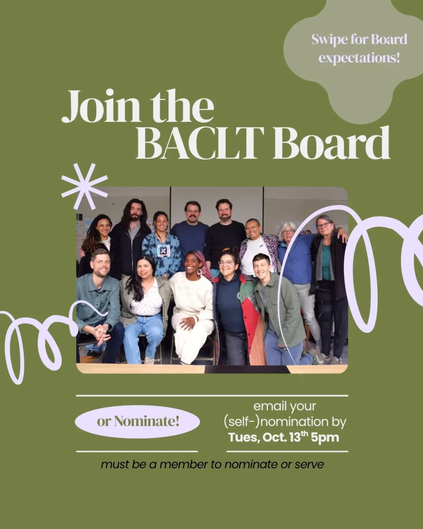 ✨ Join our Board of Directors! 
⏳ Nominations (&amp; self nominations) open until Tues, Oct 13th 5pm via emailing info@bayareaclt.org

Expectations include 5-10 hours a month of meetings, prep, and being in community. If your passionate about afforda