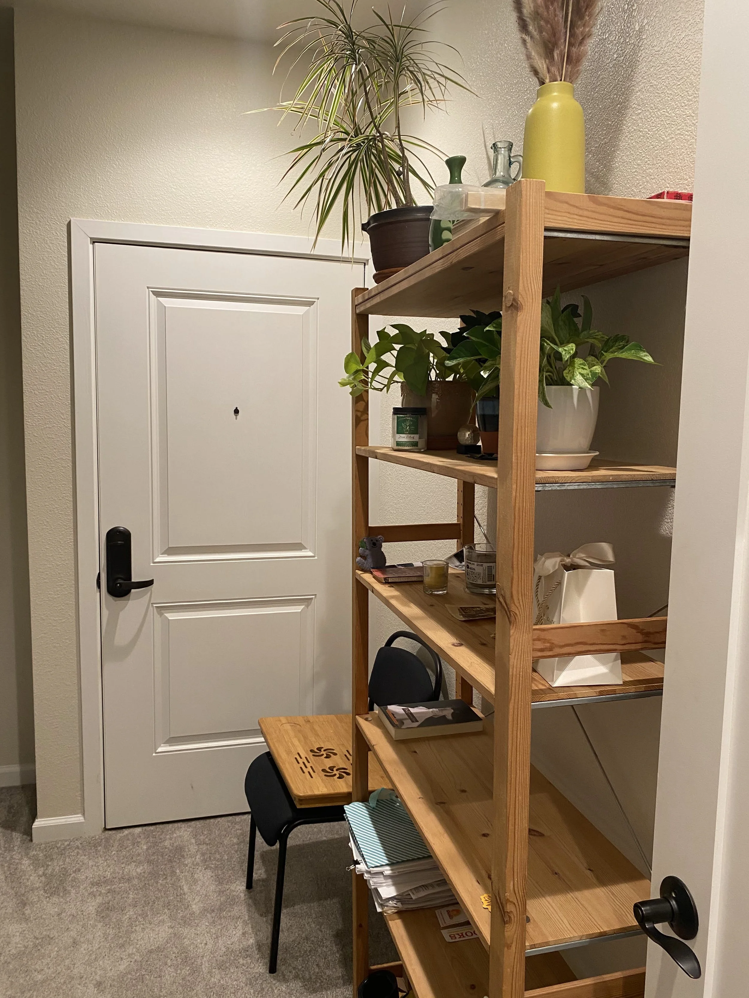 Stuart St Unit E Bedroom - view from hallway of desk, bookshelf, and closet