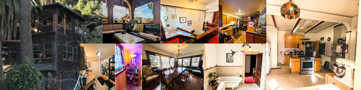 Collage of Newton House's brown shingle exterior and interior shared spaces including: third floor outdoor space, stairs, two kitchens, bathrooms, and a spacious dining room.