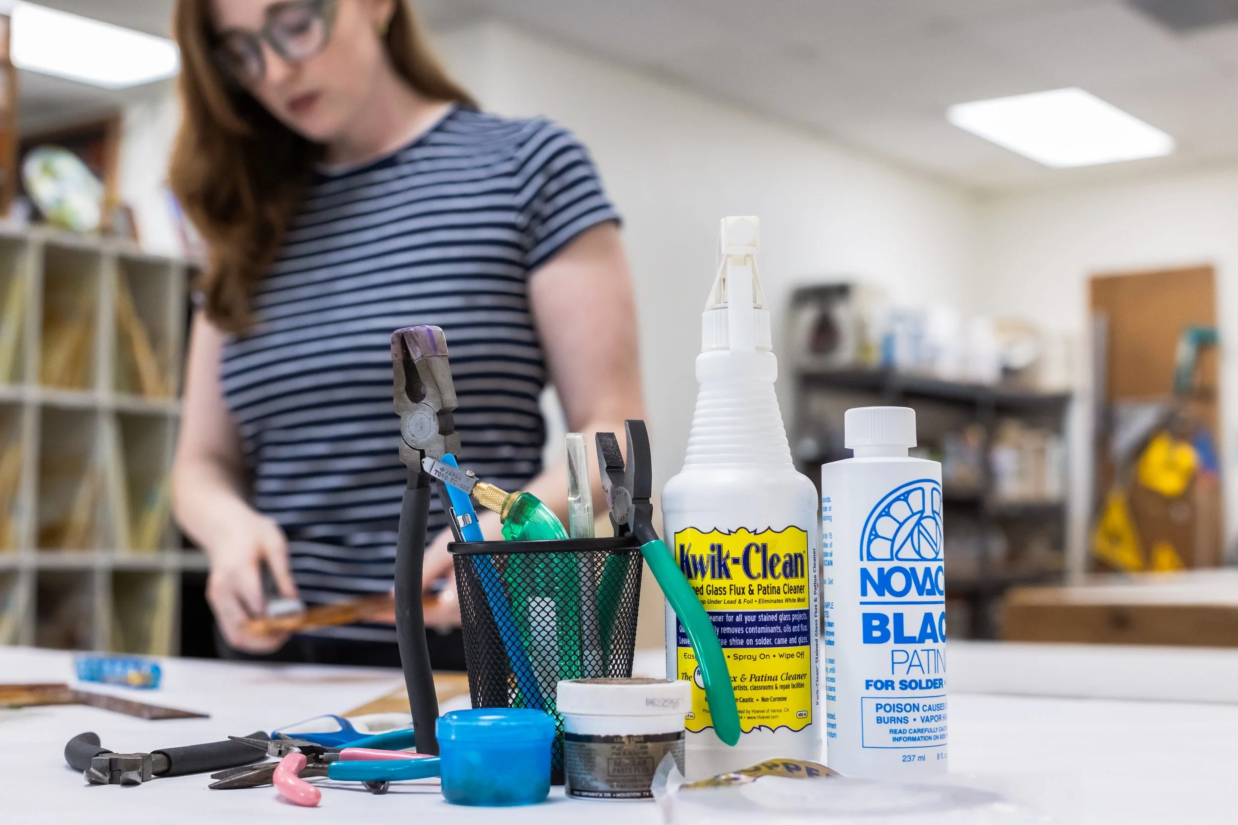 A variety of hand tools used for creating stained glass