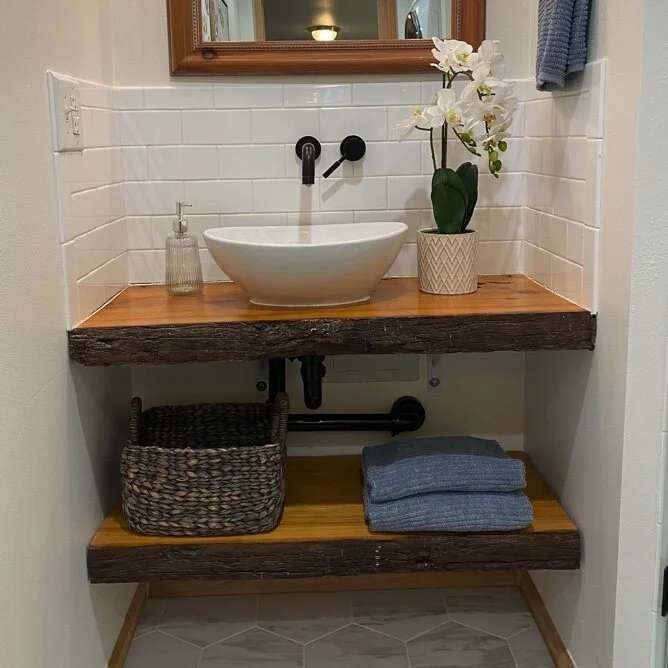 Sleek Bathroom with Live-Edge Shelving