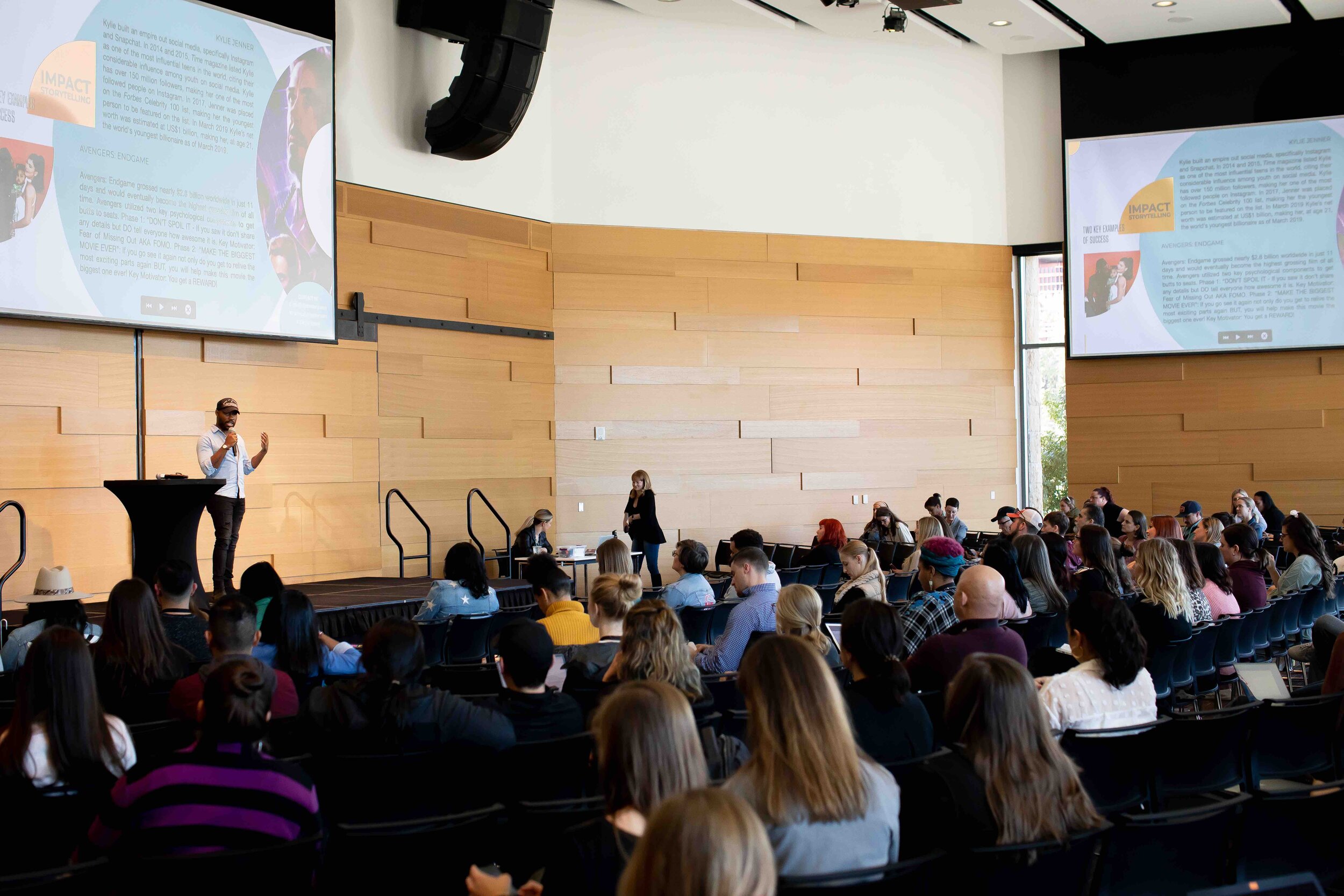 CJ Johnson, keynote speaker, on stage at Social Media Week