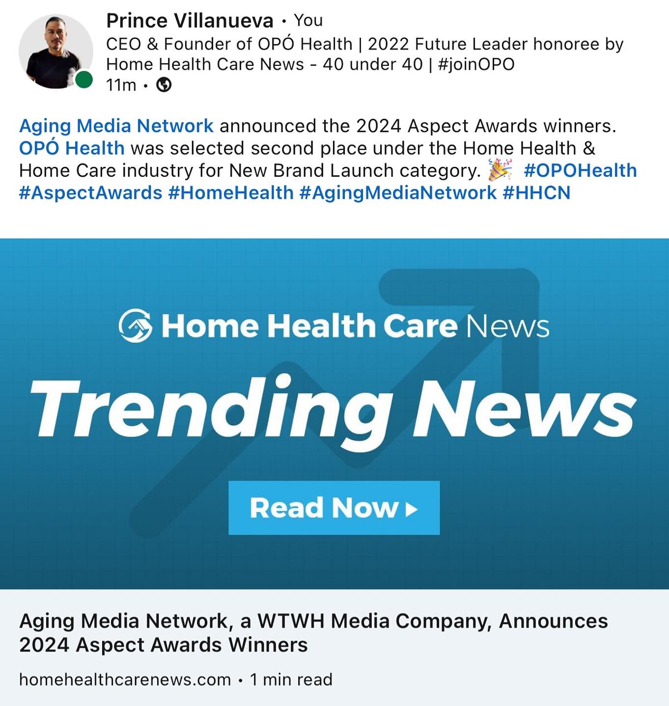 #TrendingNews @opohealth was selected second for New Brand Launch category by Aging Media Network. 🎉#AspectAward #HHCN #HomeHealth