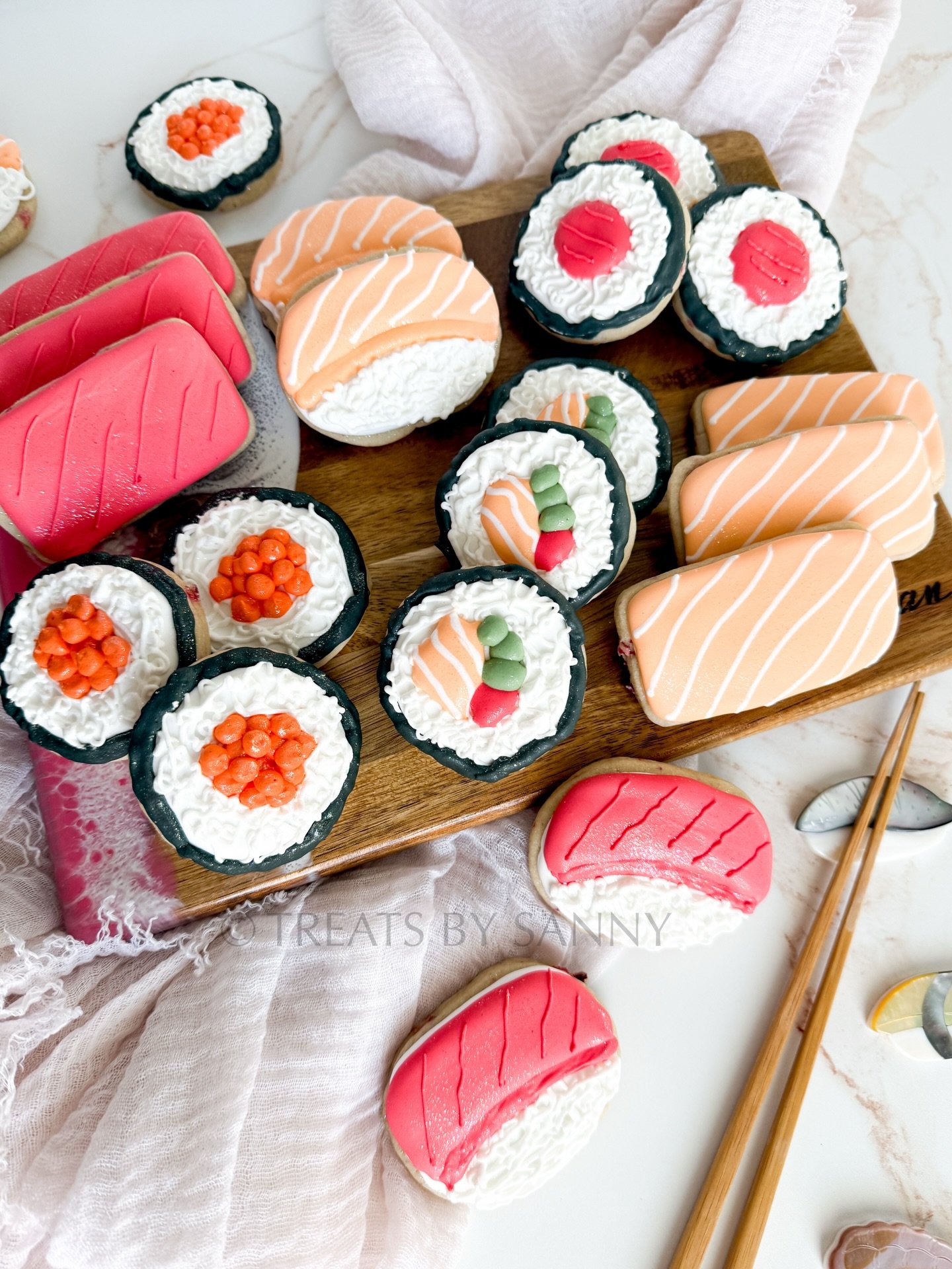 Sneak peek! 🍣 a little omakase cookie edition 🥰 stay tuned next week to see the full set! 

cookie cutters are from @wildflourbakeryla - use code SANNY30 for 30% off

#sushicookies #omakase #decoratedsugarcookies Sushi cookies, royal icing sushi, f