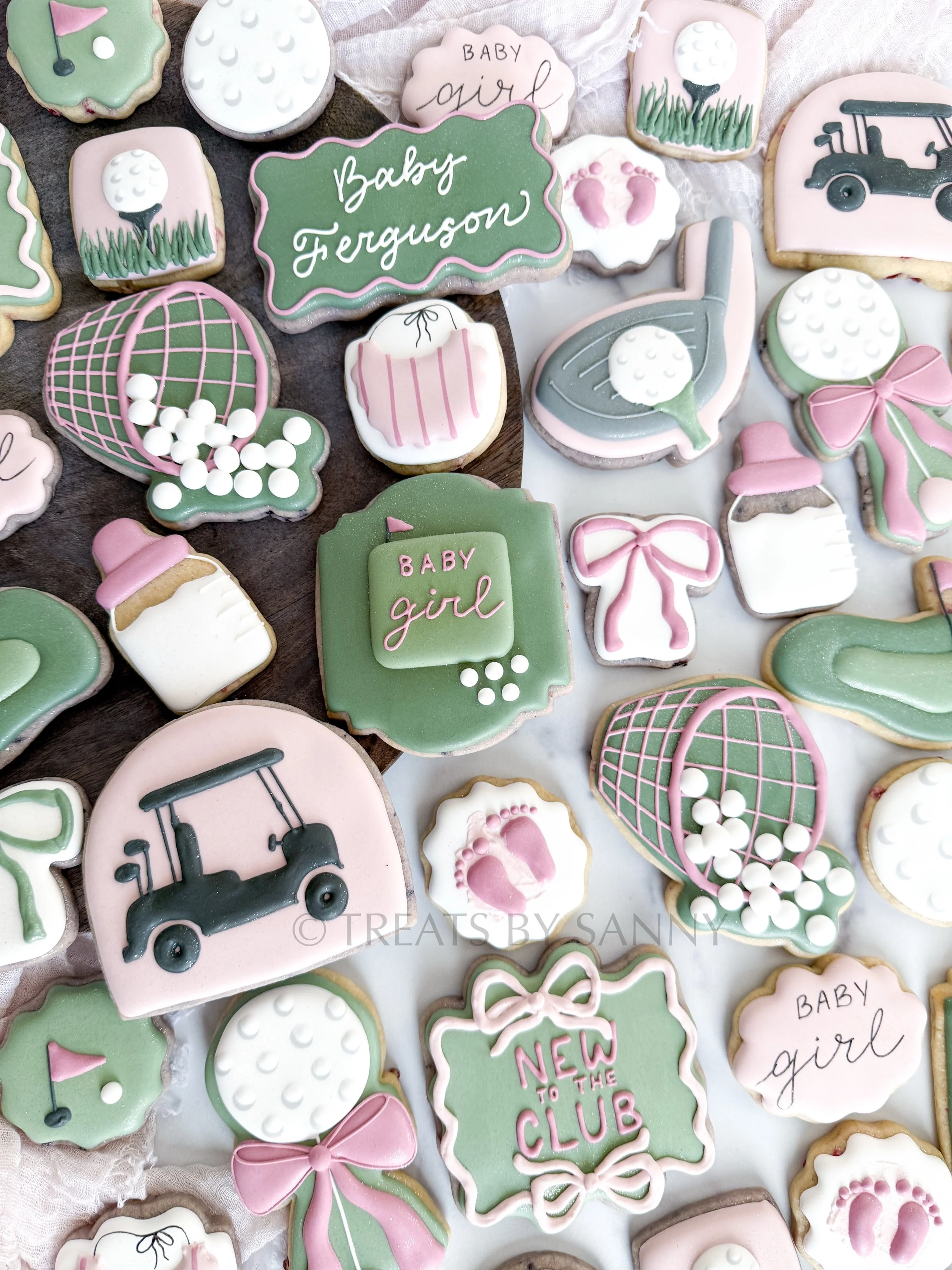 Welcoming a baby girl to the club! ⛳️🩷 this was a fun and unique theme and I loved adding pink to a sports theme! Excited to meet baby Ferguson! 

cookie cutters are from @wildflourbakeryla - use code SANNY30 for 30% off