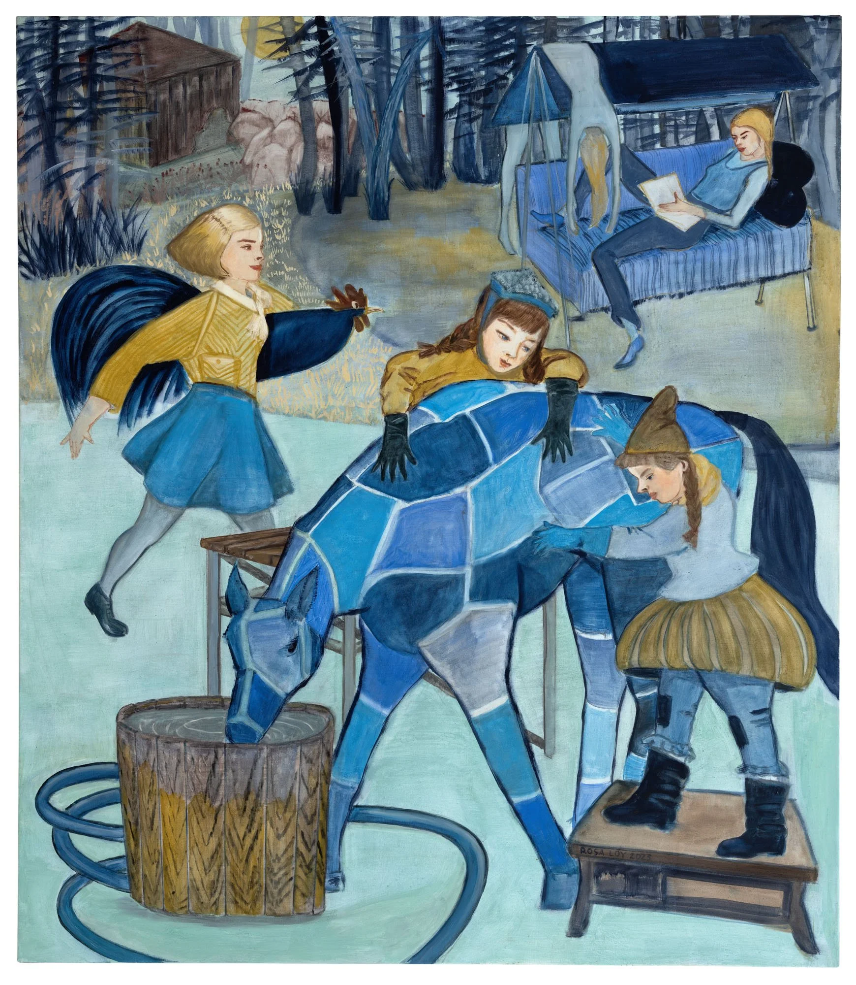 Rosa Loy  Care (Sorgfalt) , 2023  Casein on canvas  59 x 51 1/8 inches, 150 x 130 cm