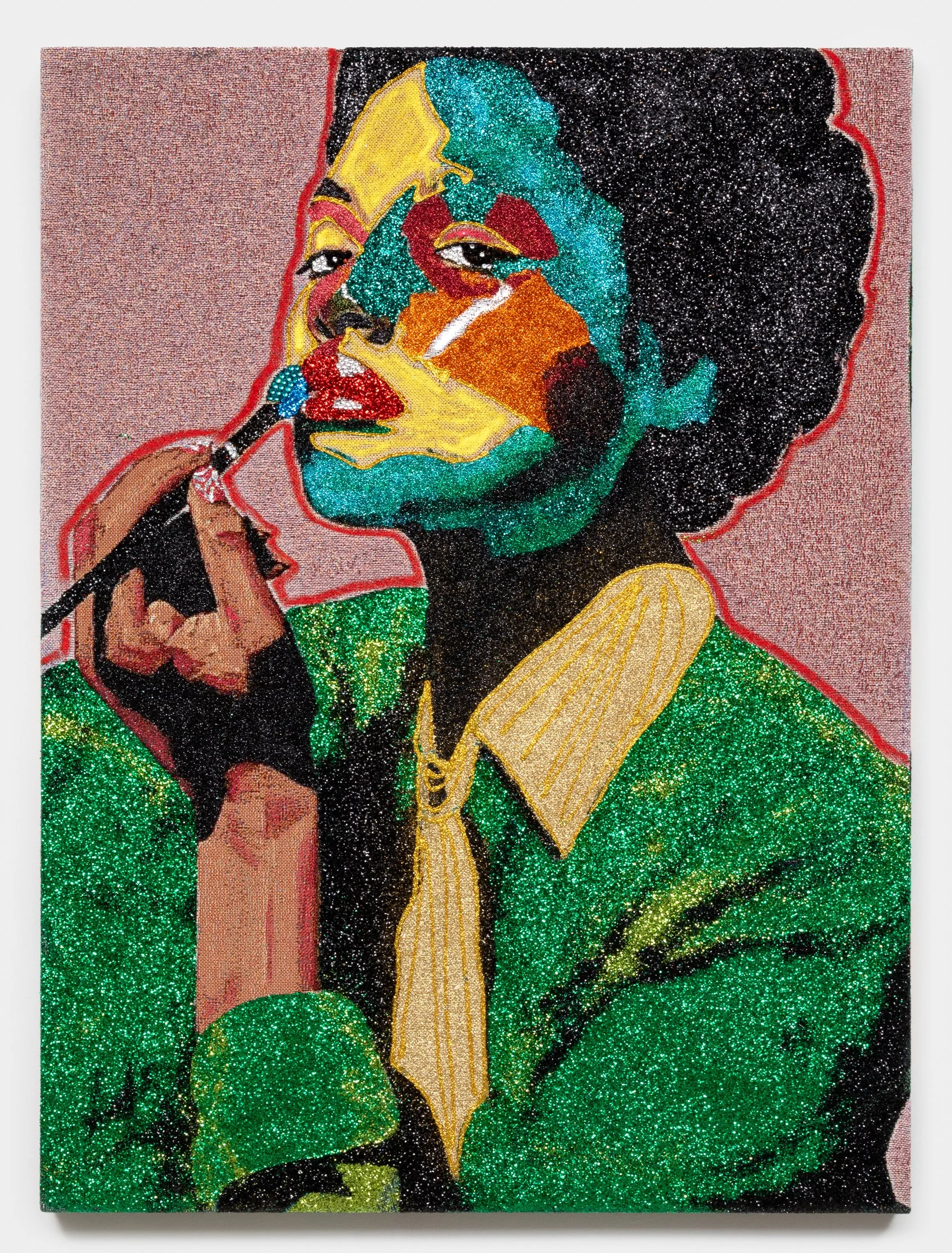 Akea Brionne 
 Mask for a New Hour , 2025 
Jacquard, glitter, adhesive, rhinestone, oil stick 
48 x 36 inches 
121.92 x 91.44 cm