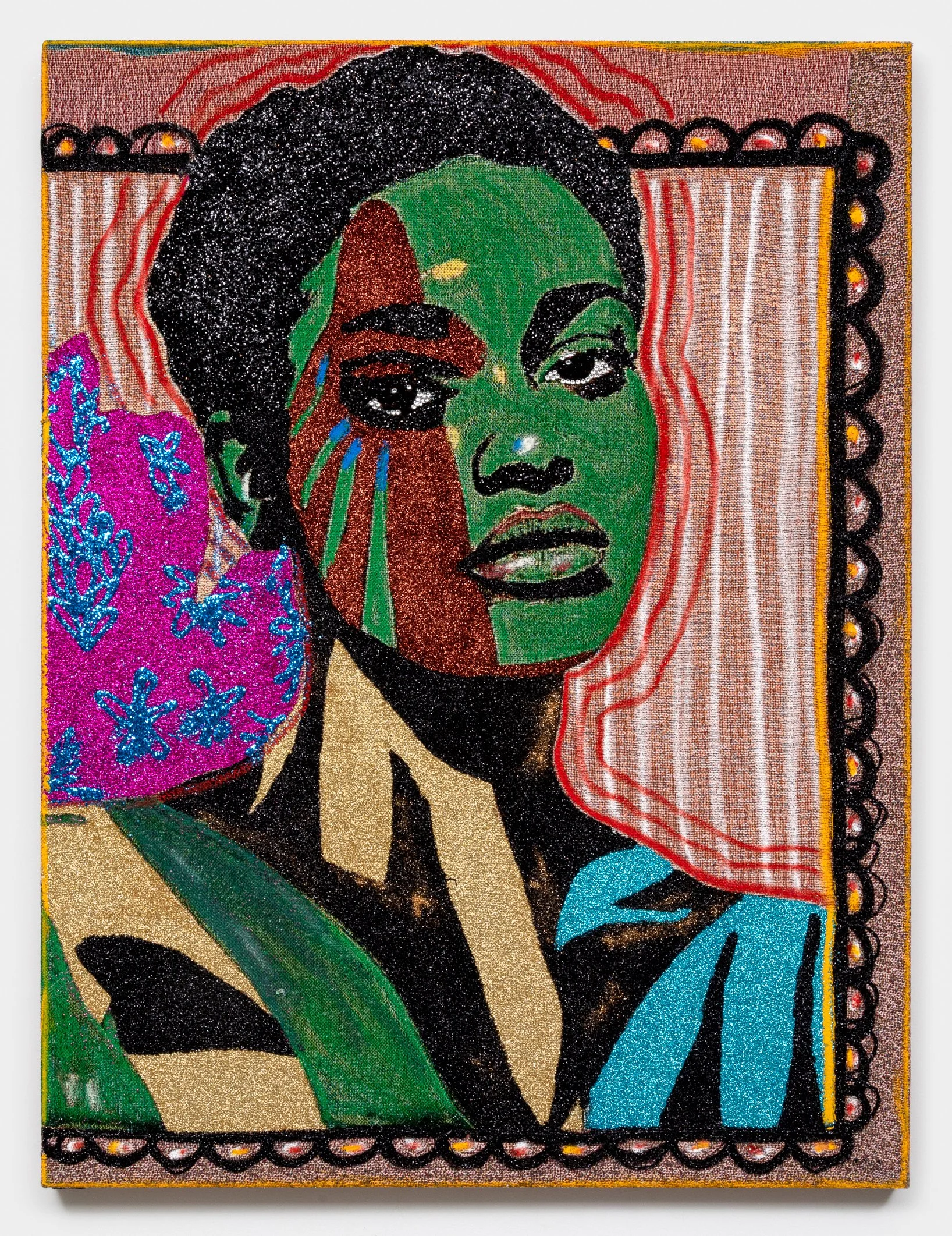 Akea Brionne 
 Cartography of a Gaze , 2025 
Jacquard, glitter, adhesive, oil stick 
48 x 36 inches 
121.92 x 91.44 cm