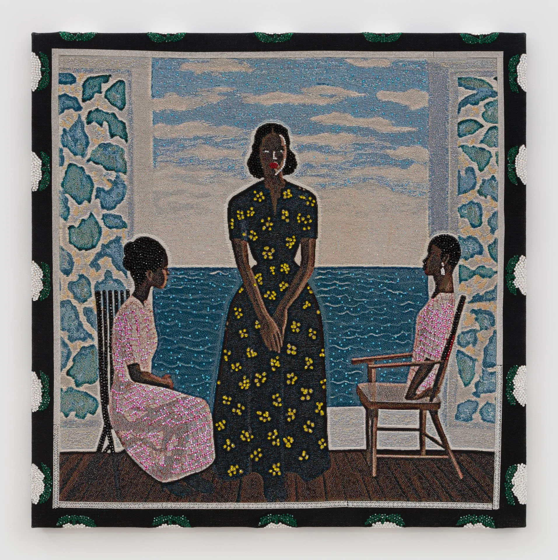 Akea Brionne,  Oh Dear,   2023, Digital woven image on jacquard, rhinestones, poly-fil, and thread, 48 x 48 inches, 121.9 x 121.9 cm