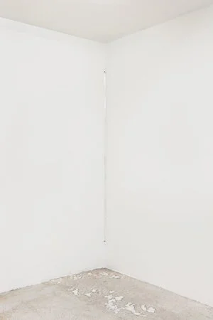 Jo-ey Tang,  Bullet Through Glass, Milk Finds Its Form...,  2017, Plexiglass rod, ink on Japanese Sumi-e paper, and screws, 65.6 x 0.5 x 0.5 inches