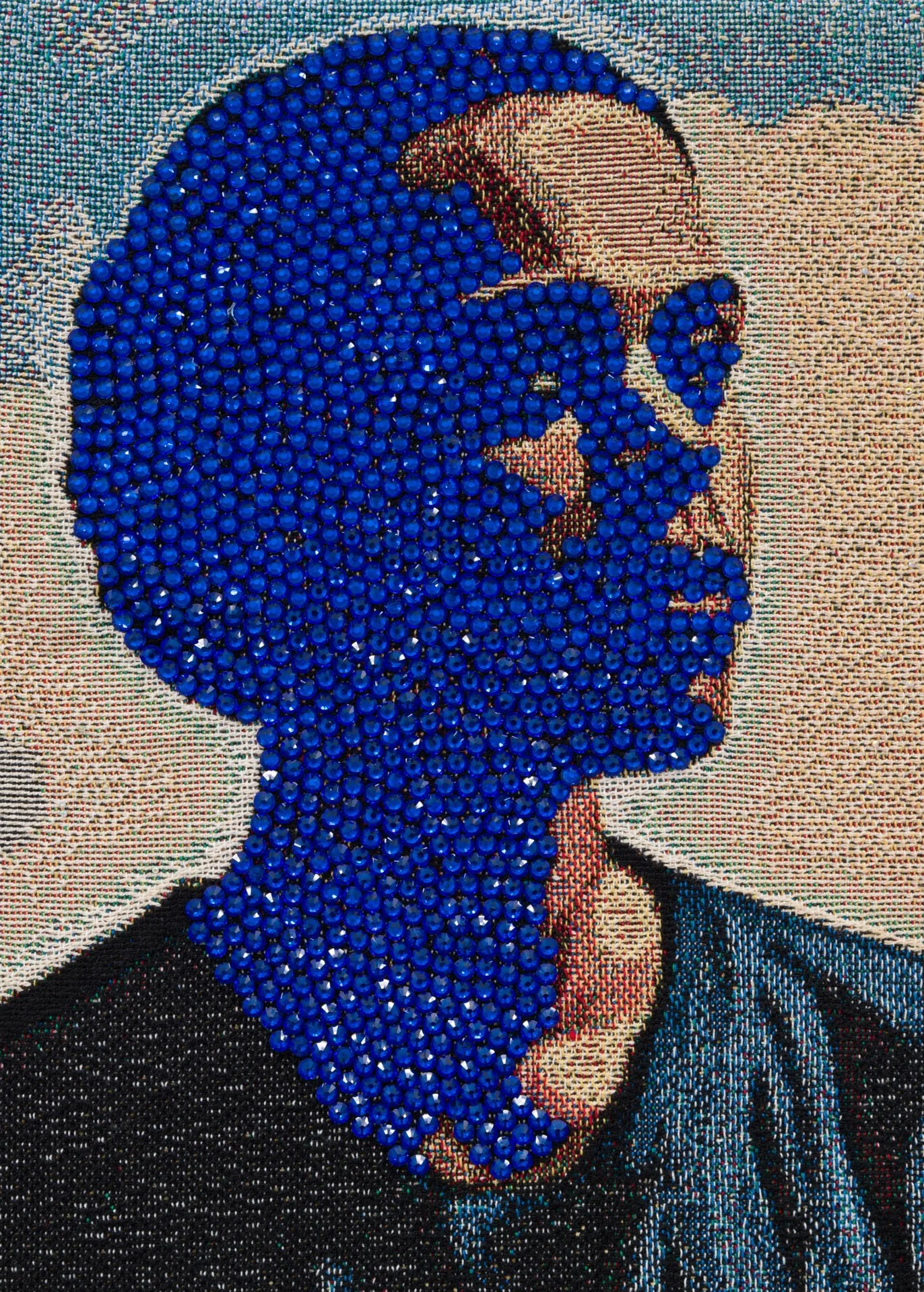 Akea Brionne,  Garden's Grow,   2024, Digital woven image on jacquard, rhinestones, poly-fil, and thread, detail