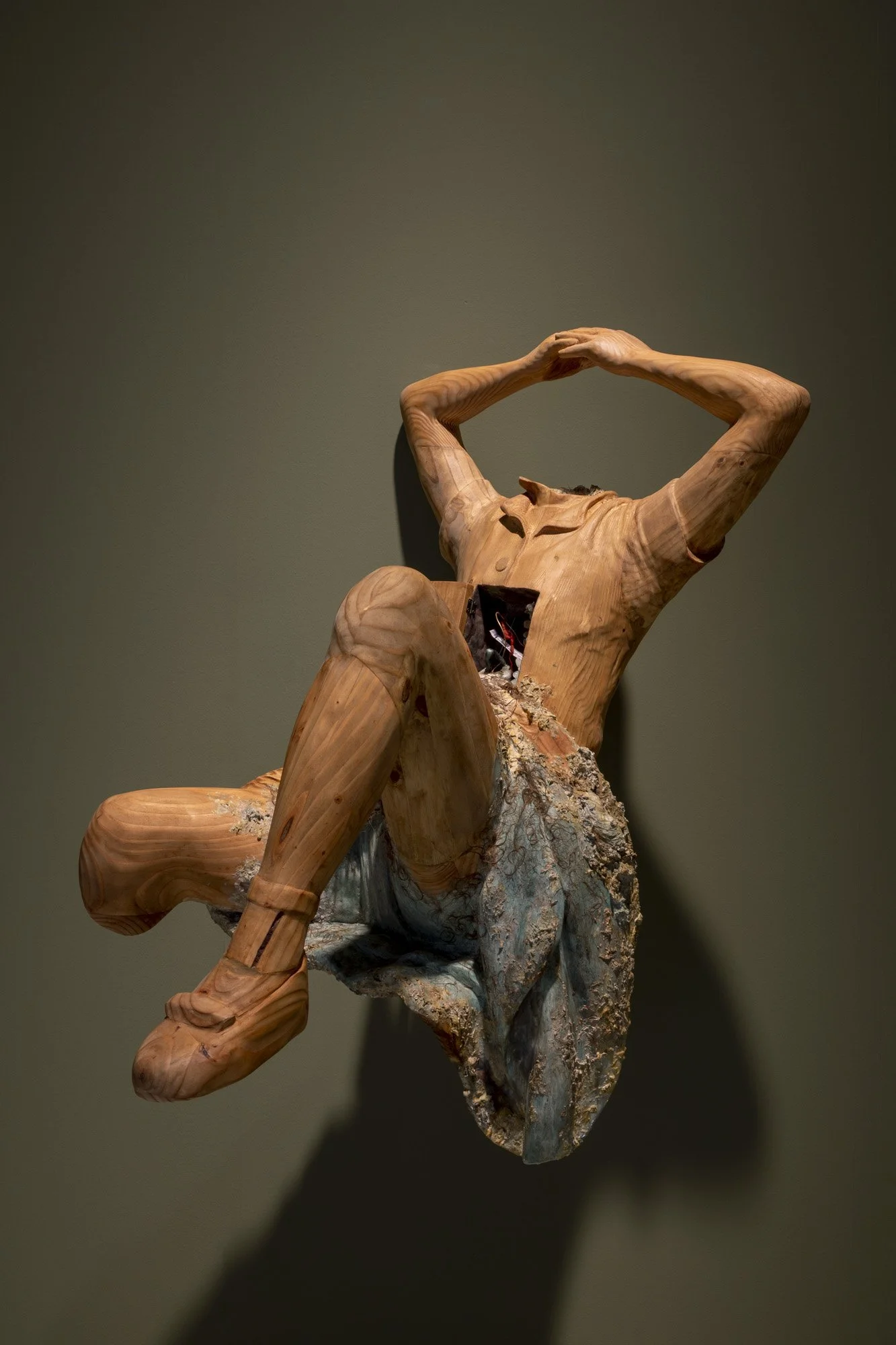  reliquary corpus (Thérèse Dreaming, 1938) , 2022, Pine, plaster, color pigment, shellac, wood stain, horse hair, shells, epoxy clay, beeswax, 45 x 40 x 40 inches
