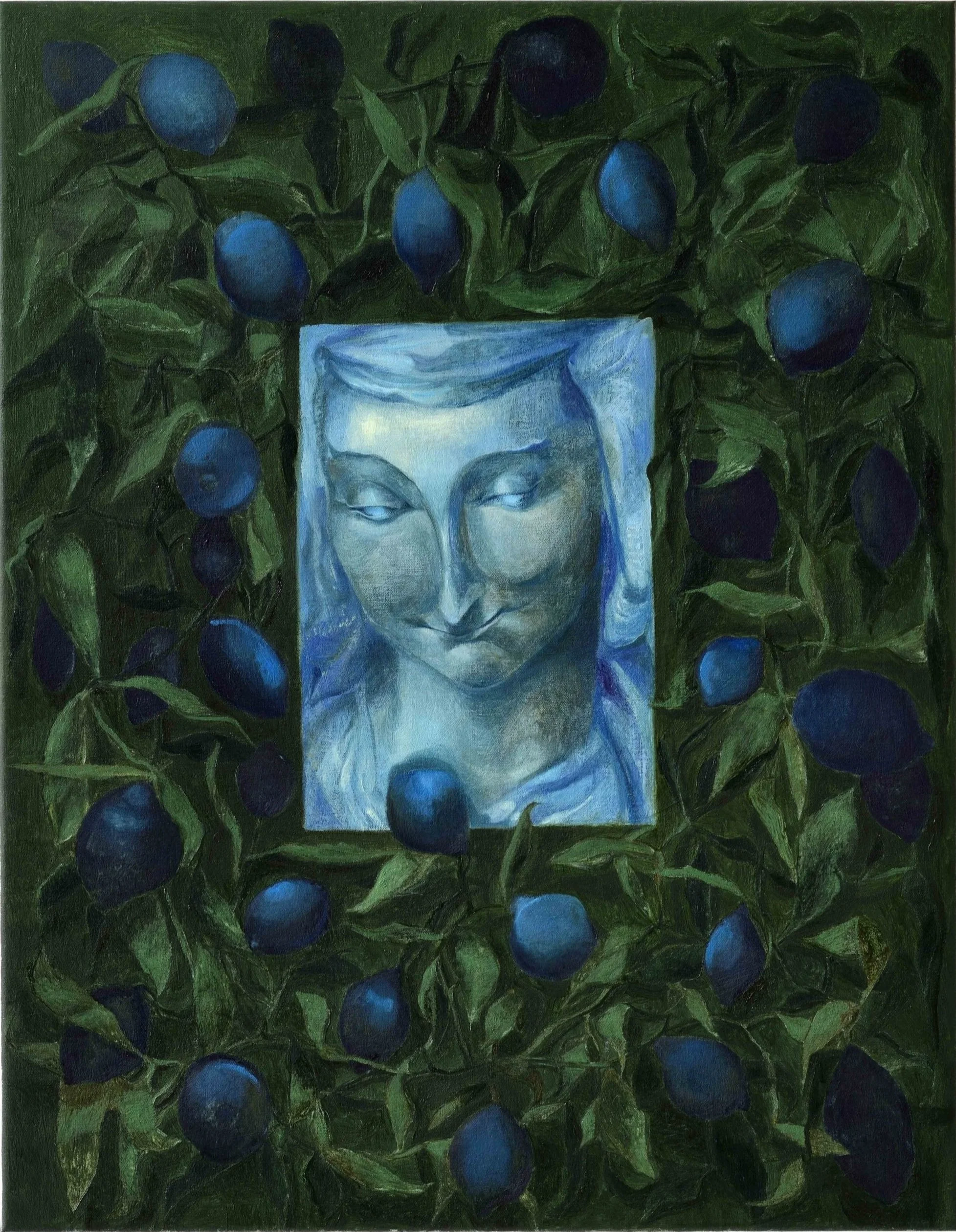 Alessandro Fogo,  Nocturnal with madonna and lemons , 2022, Oil on linen, 35 3/8 x 27 1/2 inches, 90 x 70 cm