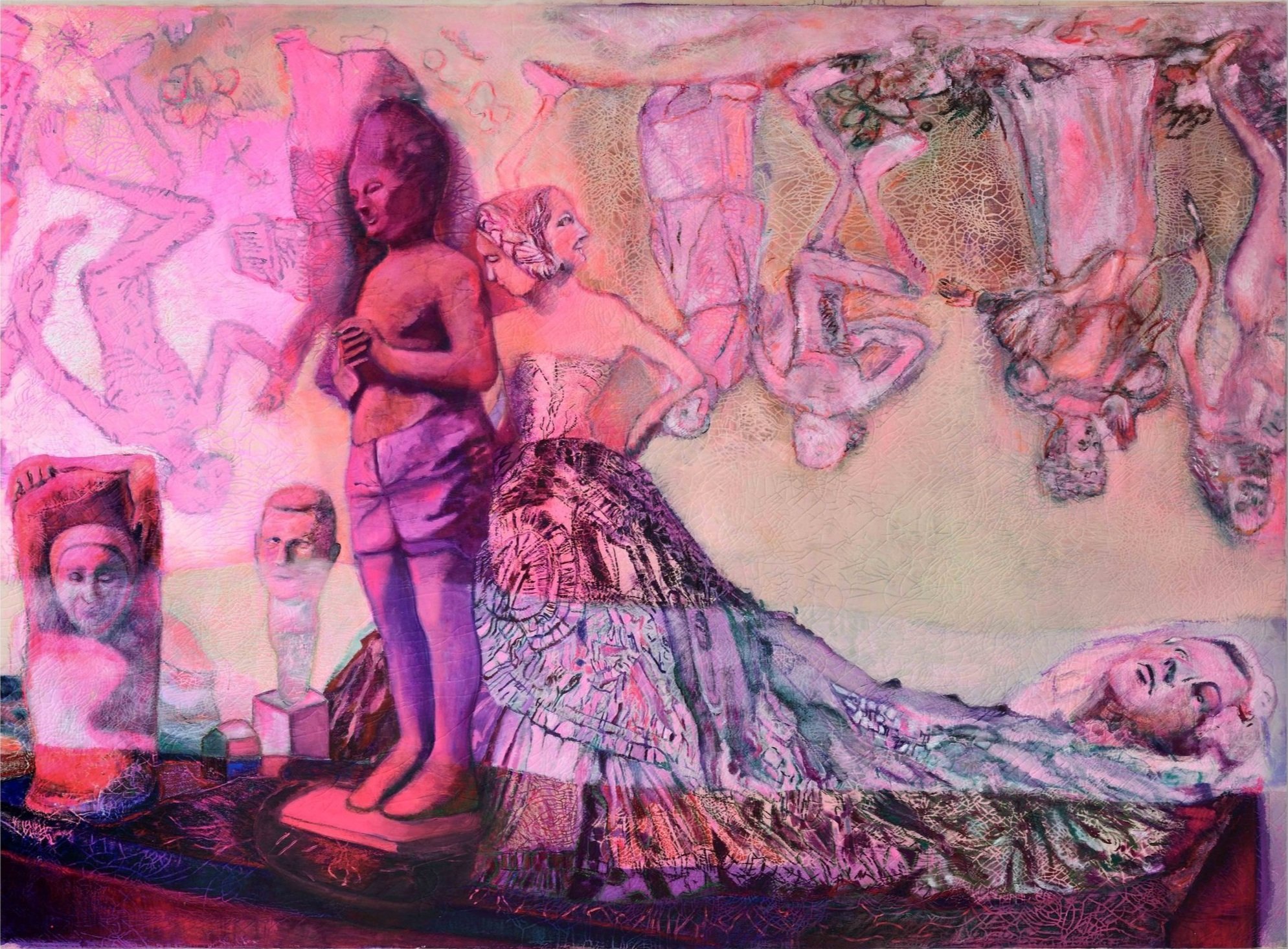 Paola Angelini,  Danse macabre standing on the head , 2021, Mixed media on canvas, 78 x 104 3/8 inches, 198 x 265 cm