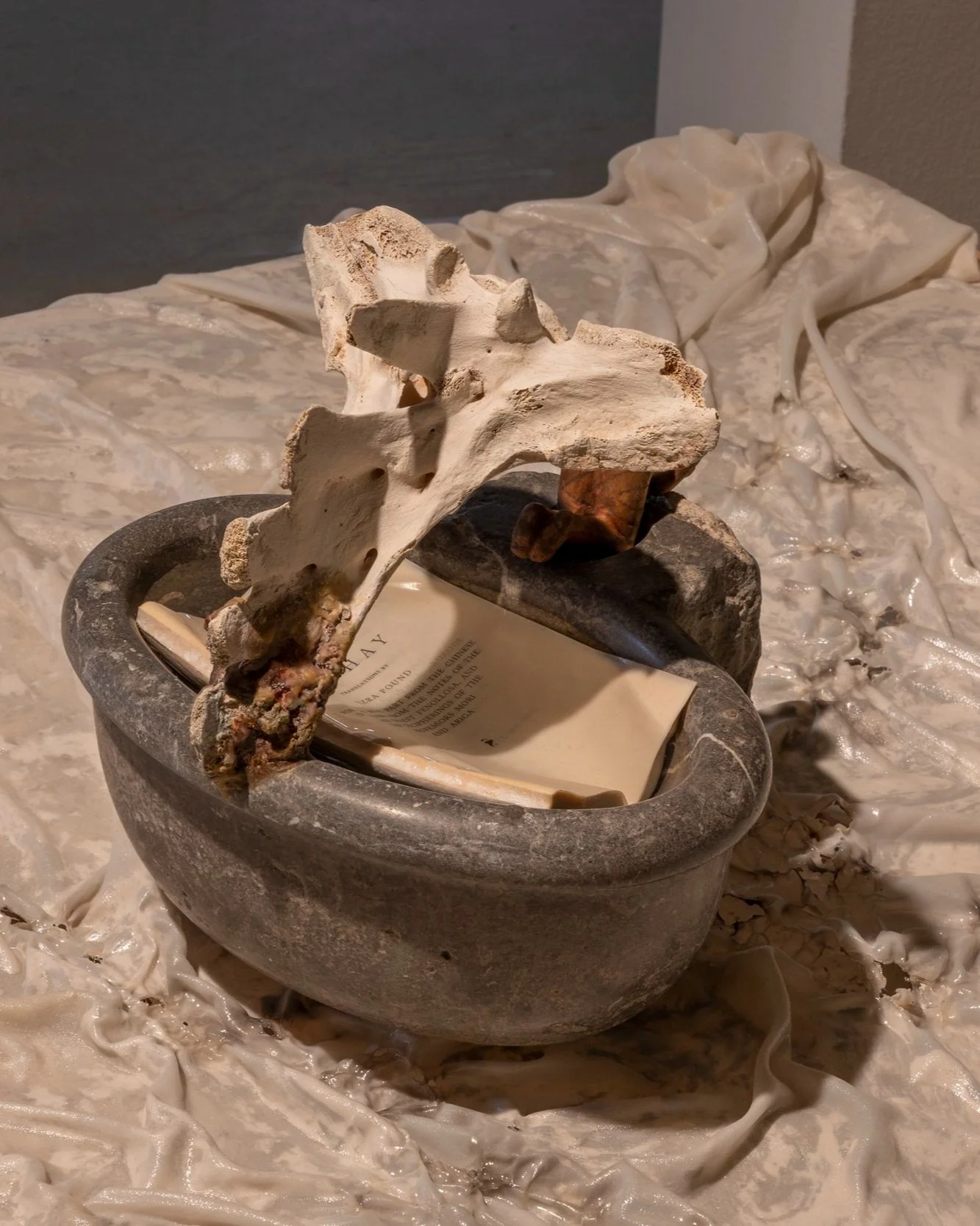  font X , 2022, Found marble font (18th century, French), dog mandible, plaster, epoxy clay, beeswax, resin, fabric, paper pulp, horse hair, laserjet prints, 11 x 11 x 12 inches