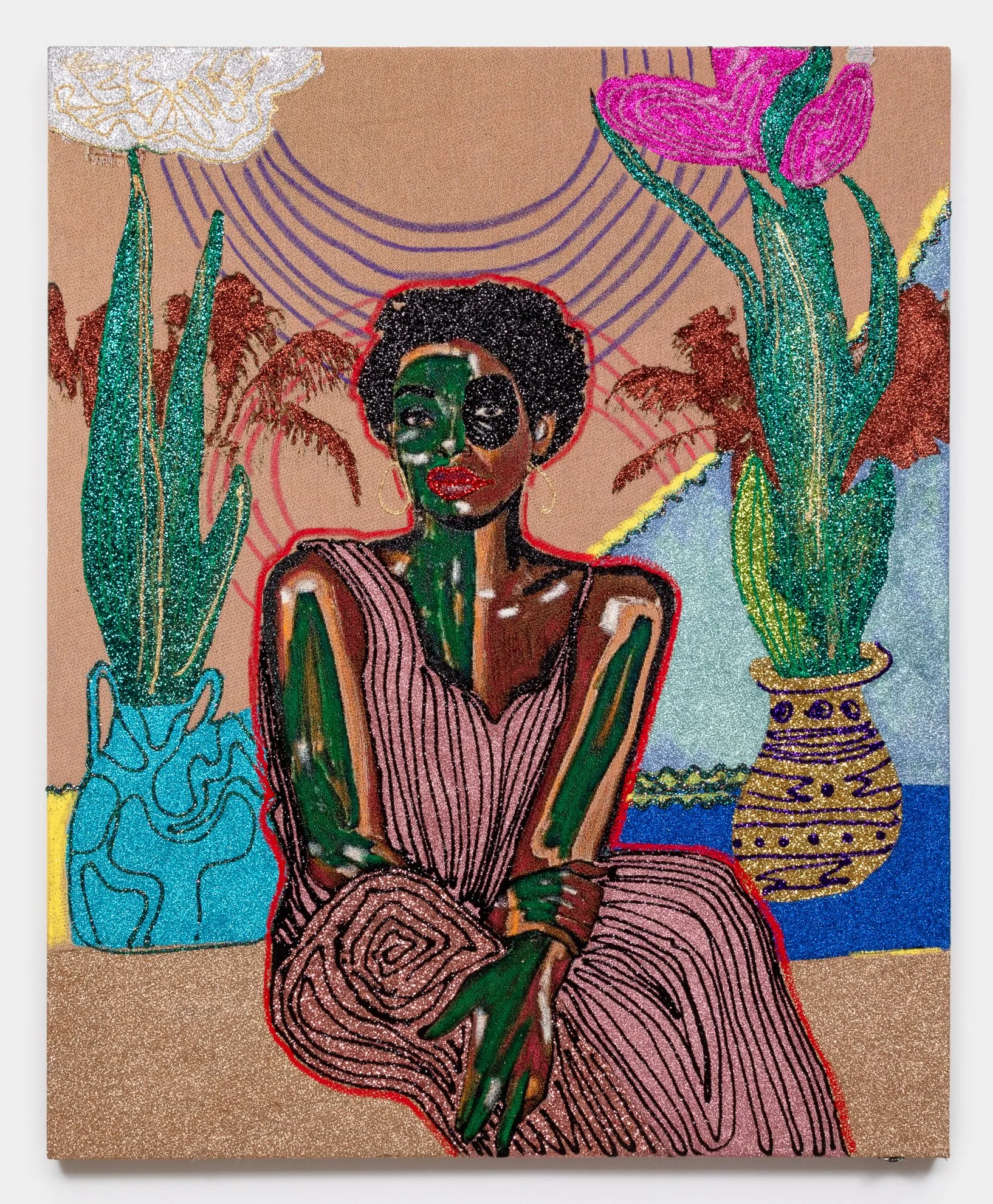 Akea Brionne 
 The Garden Does Not Rush , 2025 
Jacquard, glitter, adhesive, oil stick 
60 x 48 inches 
152.4 x 121.92 cm