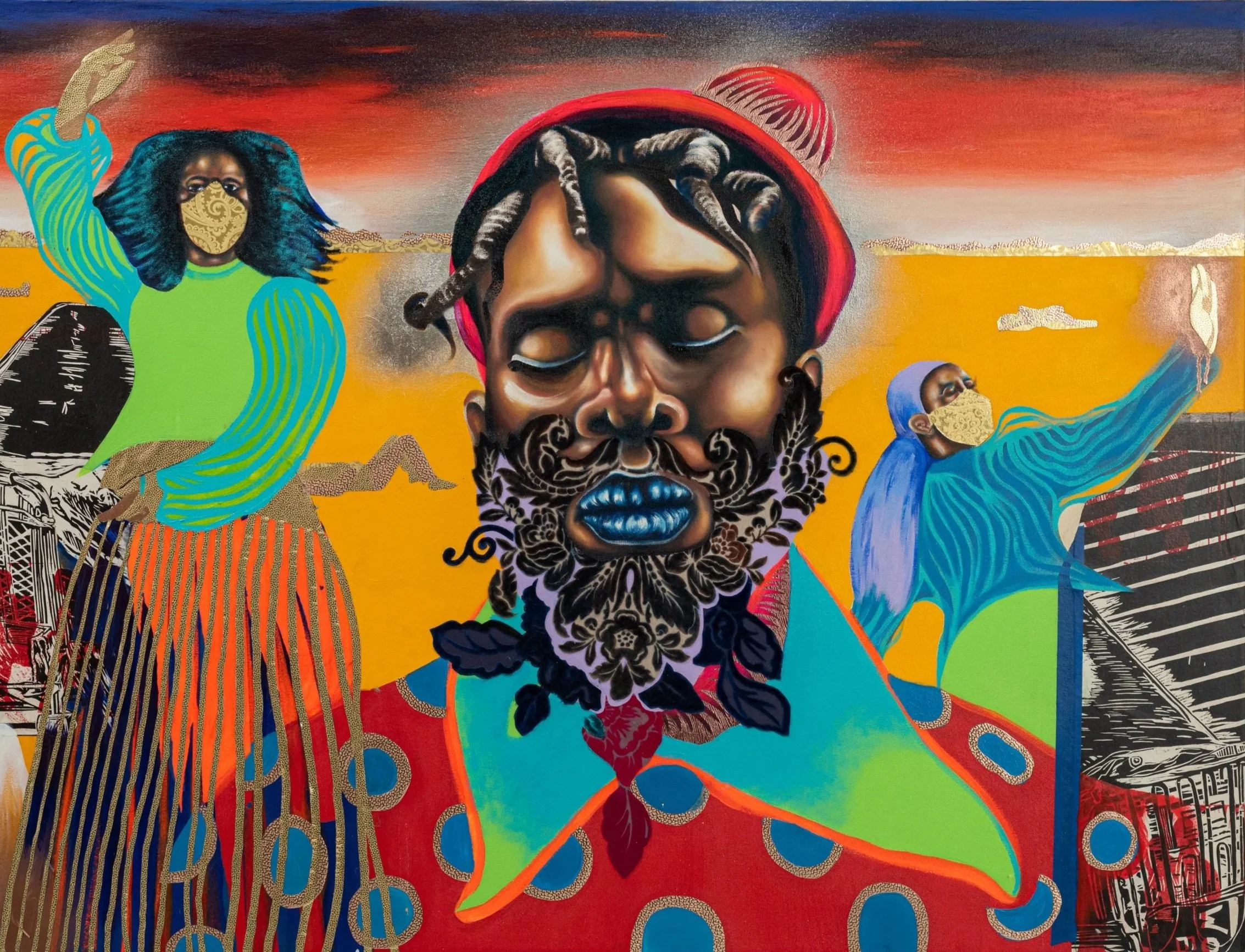 Phumelele Tshabalala 
 The Call , 2021 
oils, acrylics, and collage on canvas 
48 x 36 x 3 inches 
121.9 x 91.4 x 7.6 cm