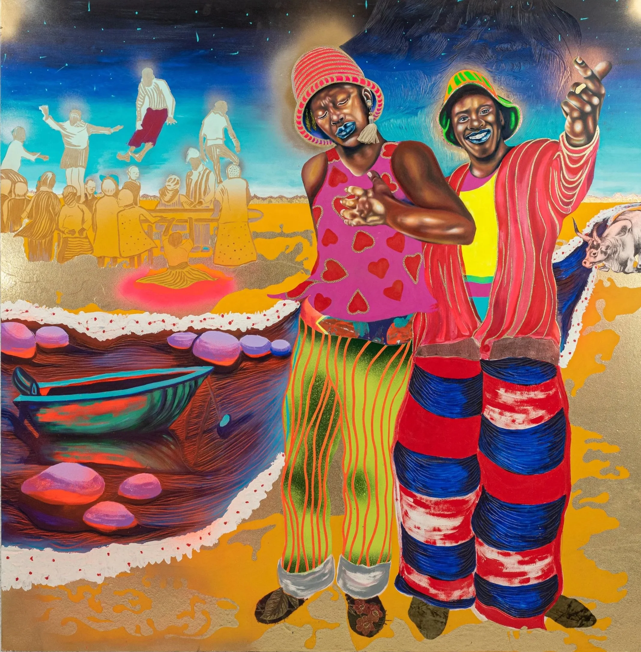 Phumelele Tshabalala 
 When the dust subsides , 2021 
oils, acrylics, collage, carving, embellishment on wood board 
60 x 65 inches 
152.4 x 165.1 cm