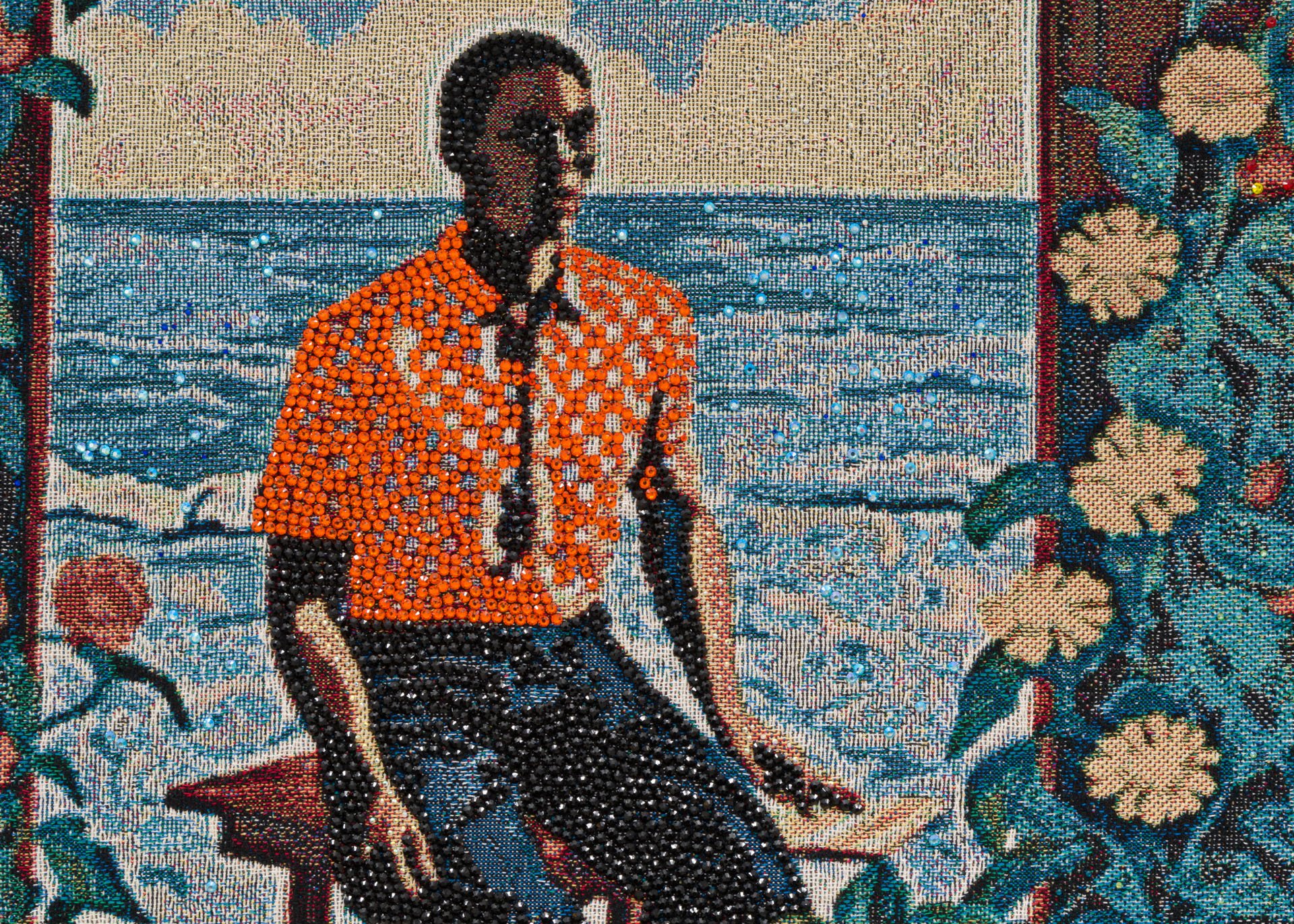 Akea Brionne,  Home Grown,   2023, Digital woven image on jacquard, rhinestones, poly-fil, and thread, detail