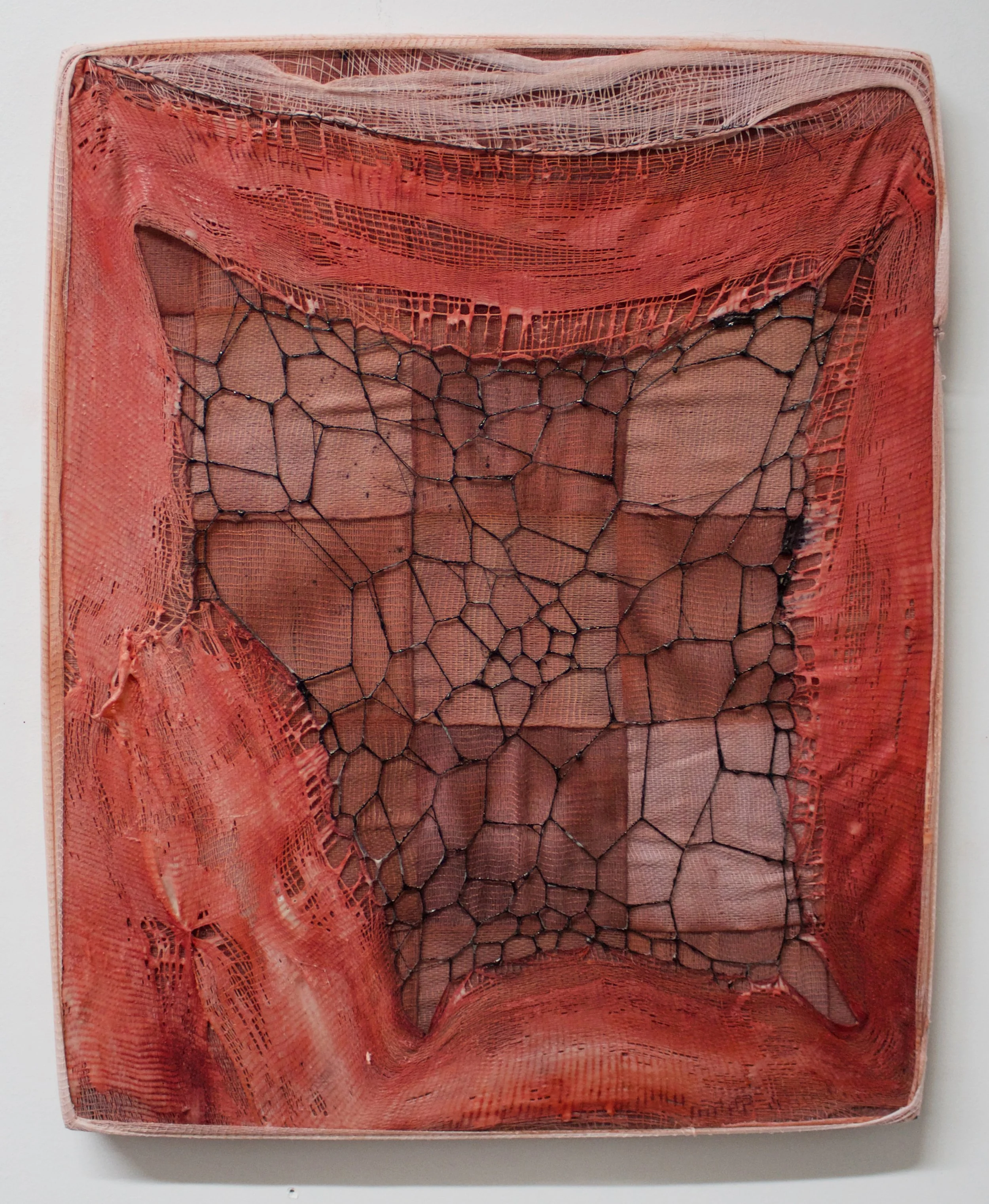  Ophelia Arc ,
 gauze web VI , 2026,
latex, hand dyed gauze, thread, ink and latex on wood panel,
20 1/2 x 16 1/2 x 1 inches,
52.1 x 41.9 x 2.5 cm