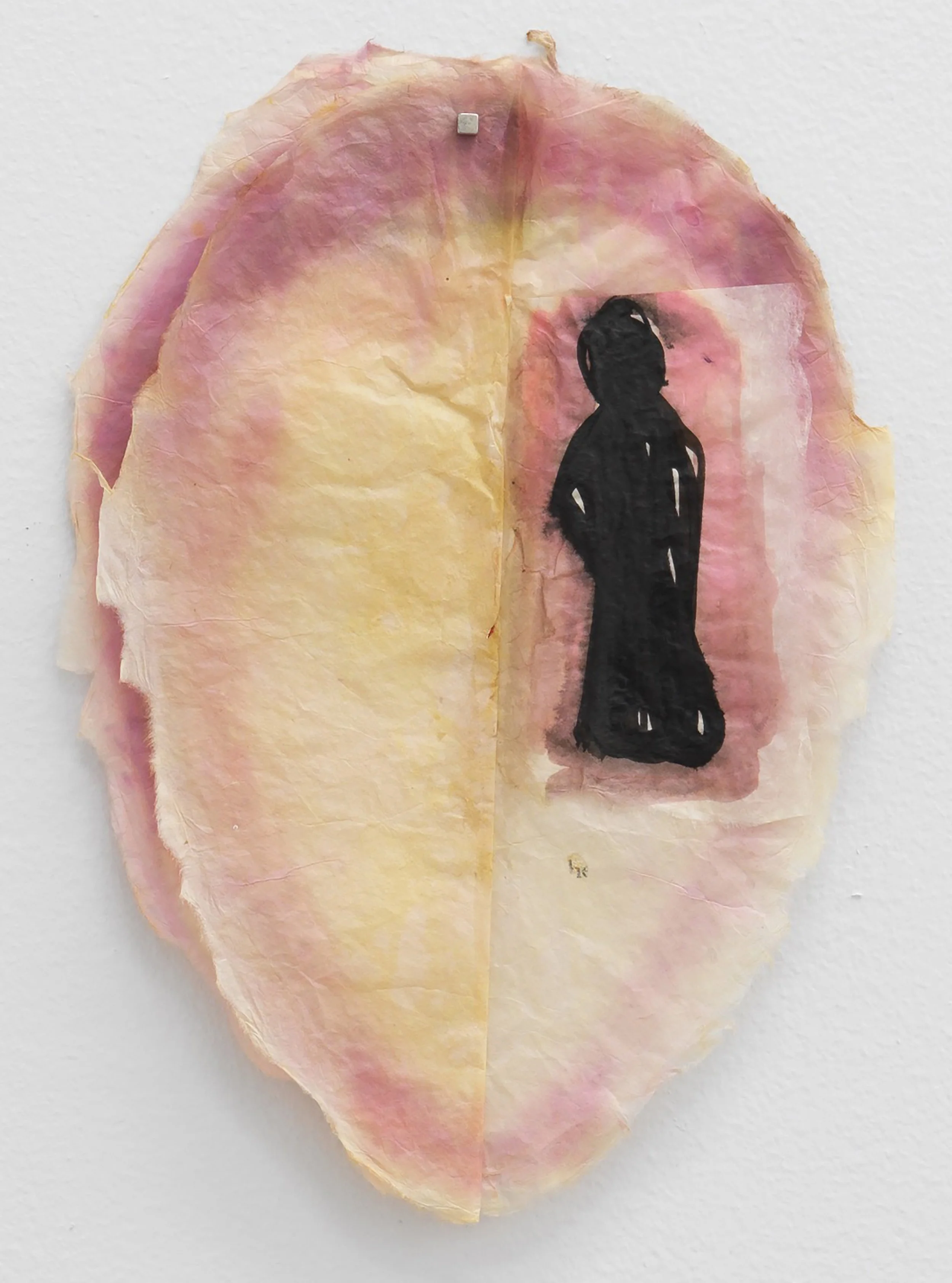  Mira Schor ,
 Mask with Figure , 2025,
Ink on Japanese Gampi paper, 
11 x 7 1/2 inches, 
27.9 x 19.1 cm