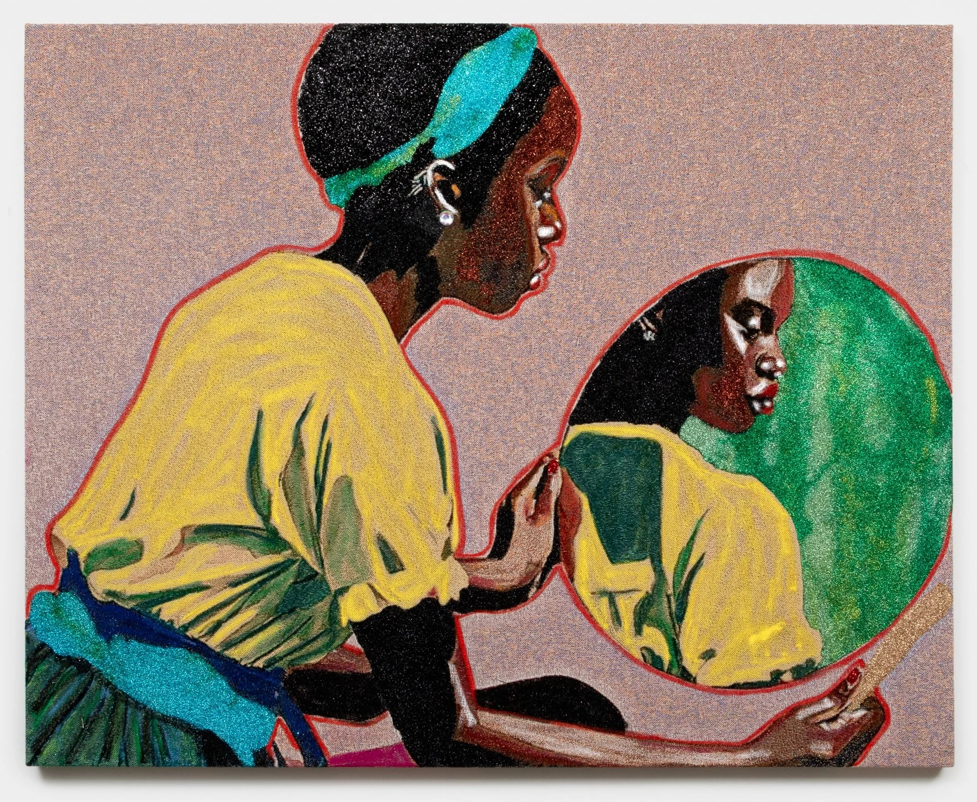  Akea Brionne ,
 The Mirror is Not Neutral , 2025,
jacquard, glitter, adhesive, rhinestone, oil stick,
48 x 60 inches,
121.92 x 152.4 cm.