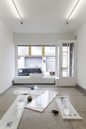 Jo-ey Tang,  Like an Intruder, the Speaker Removes his Cap, Walking In The Air With His Hands On The Ground, Breathing Without Returns , Installation View at Le Komplot, Brussels, BE, (solo exhibition), April 22 - May 13, 2017