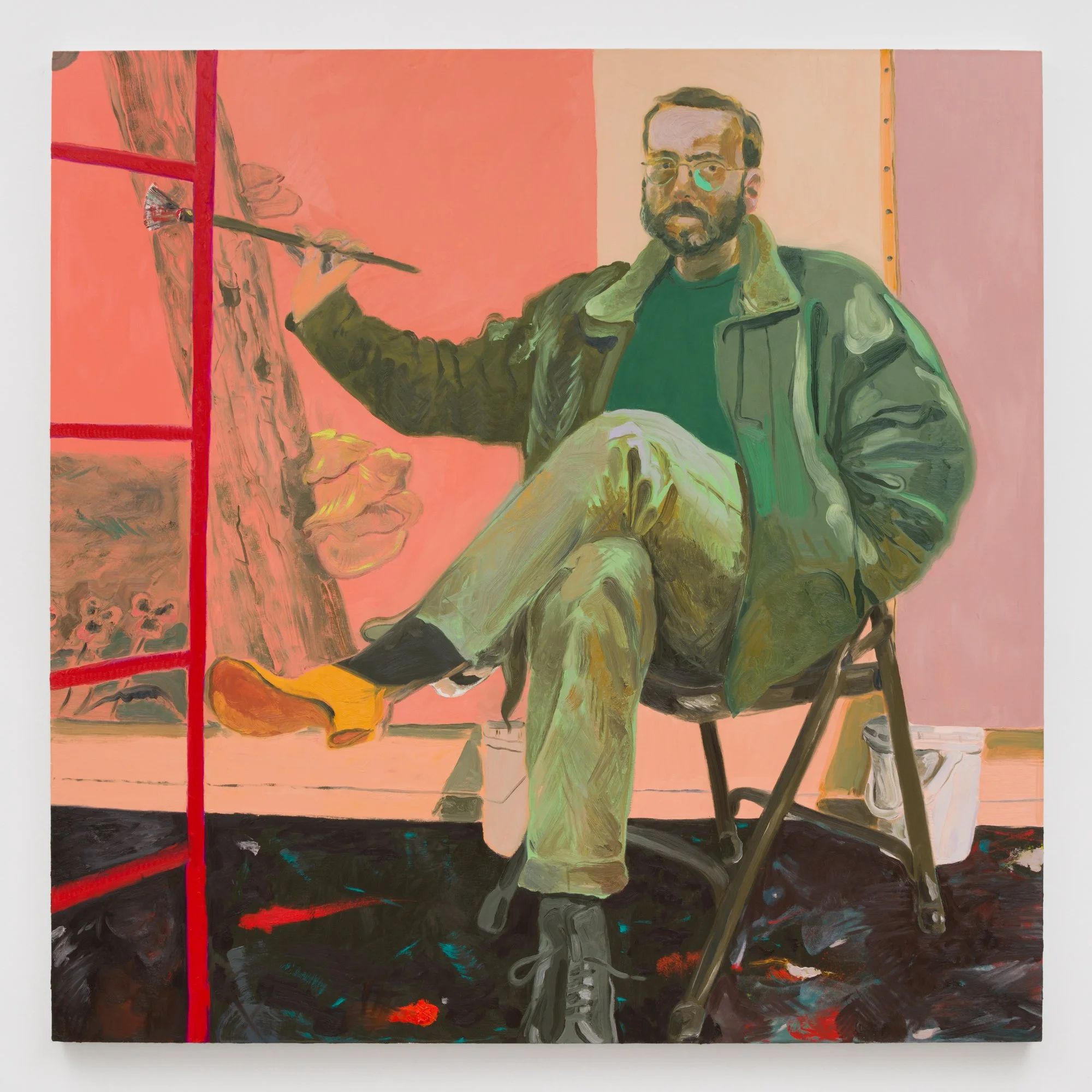 Anthony Cudahy,  Self portrait with ladder (for Joan Brown & Francis Bacon) , 2021, Oil on linen,  60 x 60 inches, 152.4 x 152.4 cm