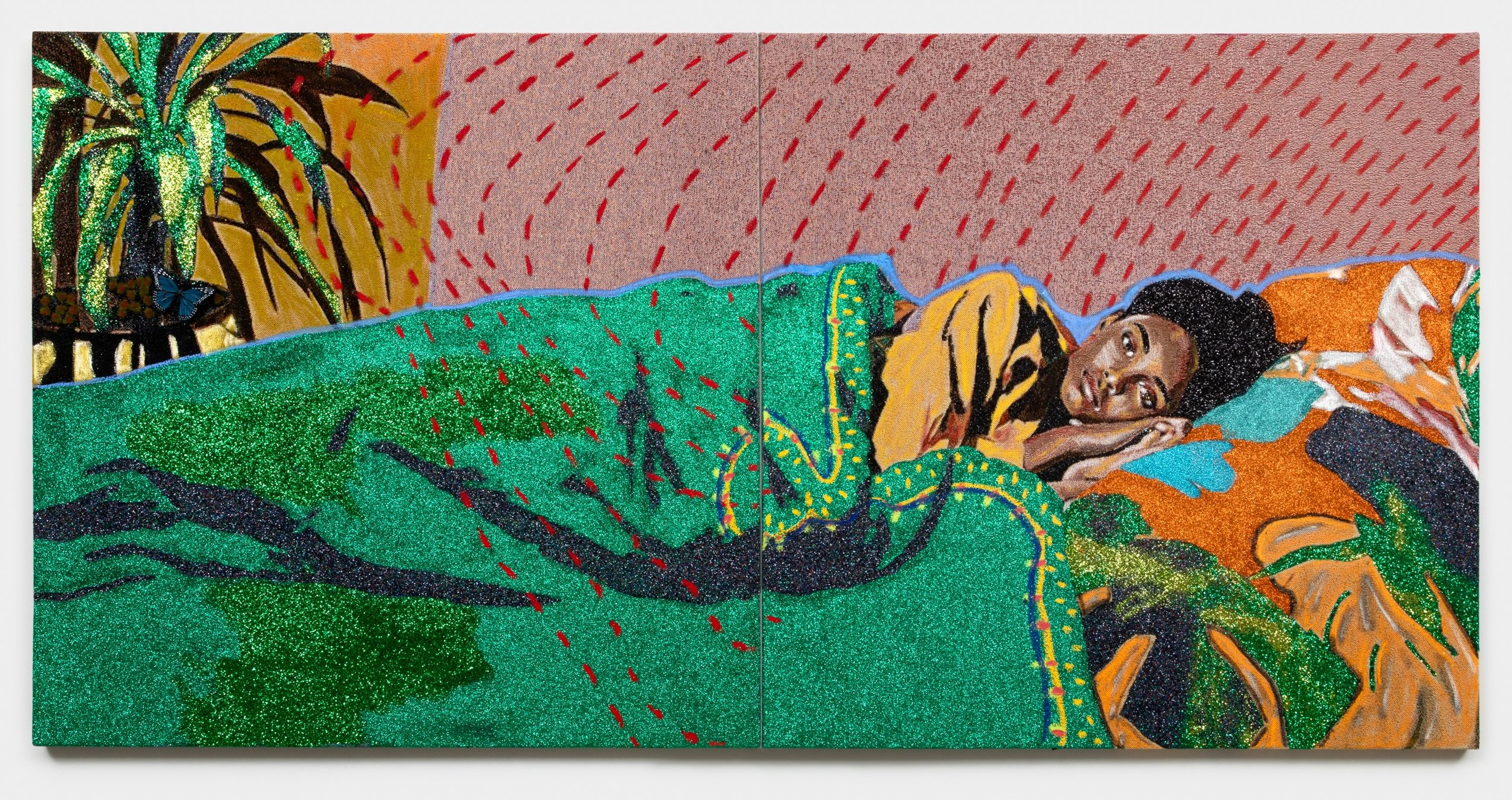 Akea Brionne 
 The Moment I Could Not Get Up , 2025 
Jacquard, glitter, adhesive, oil stick, flocking, wire, feather, foam 
48 x 96 inches (total) 
121.92 x 243.84 cm (total) 
48 x 48 inches (each) 
121.92 x 121.92 cm (each)