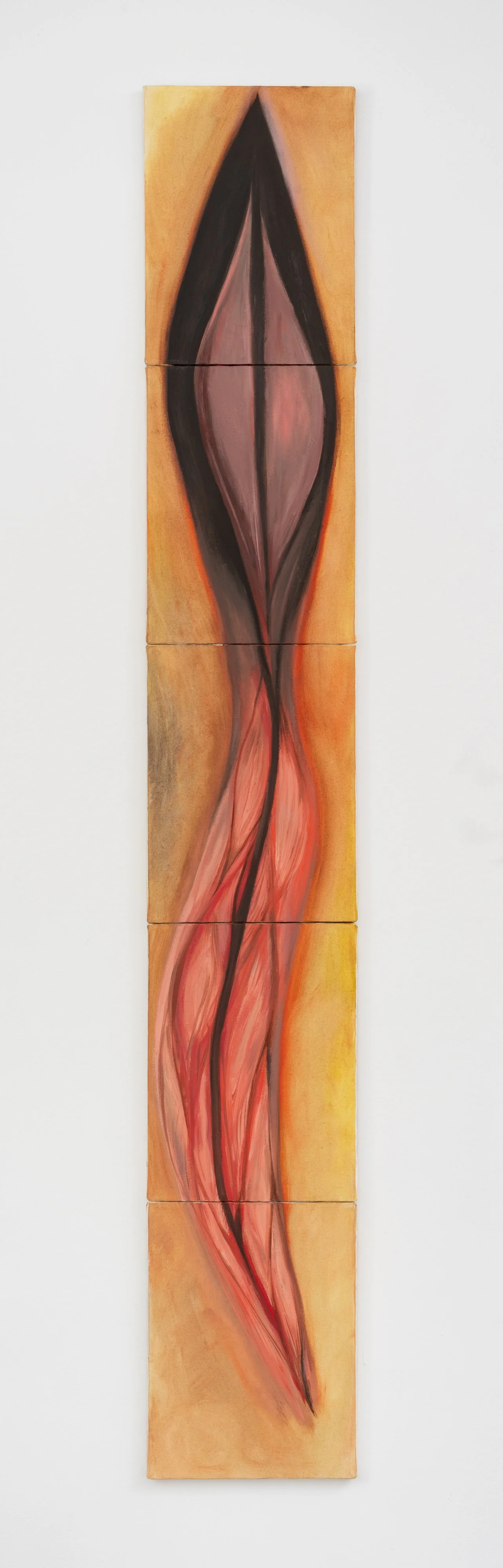  Mira Schor 
 Flayed Doctor , 1985,
Oil on 5 canvases,
80 x 12 in.,
203.2 x 30.48 cm.