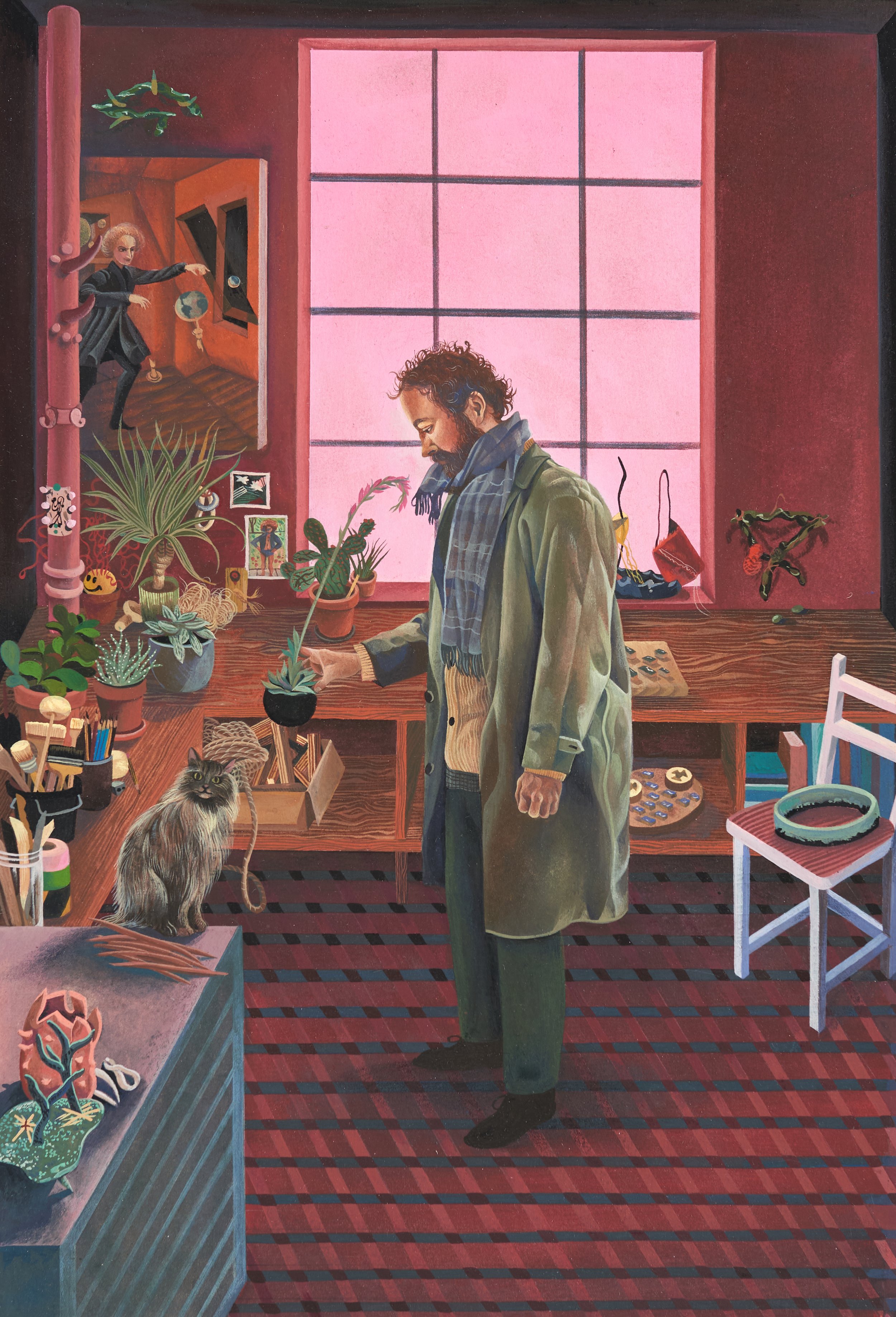  Jessie Makinson 
 The Gardner , 2026,
Gouache and colored pencil on paper,
Sapele frame,
Image: 13.39 × 9.06 inches, 34 x 23 cm,
Frame: 18.90 × 14.17 inches, 48 x 36 cm