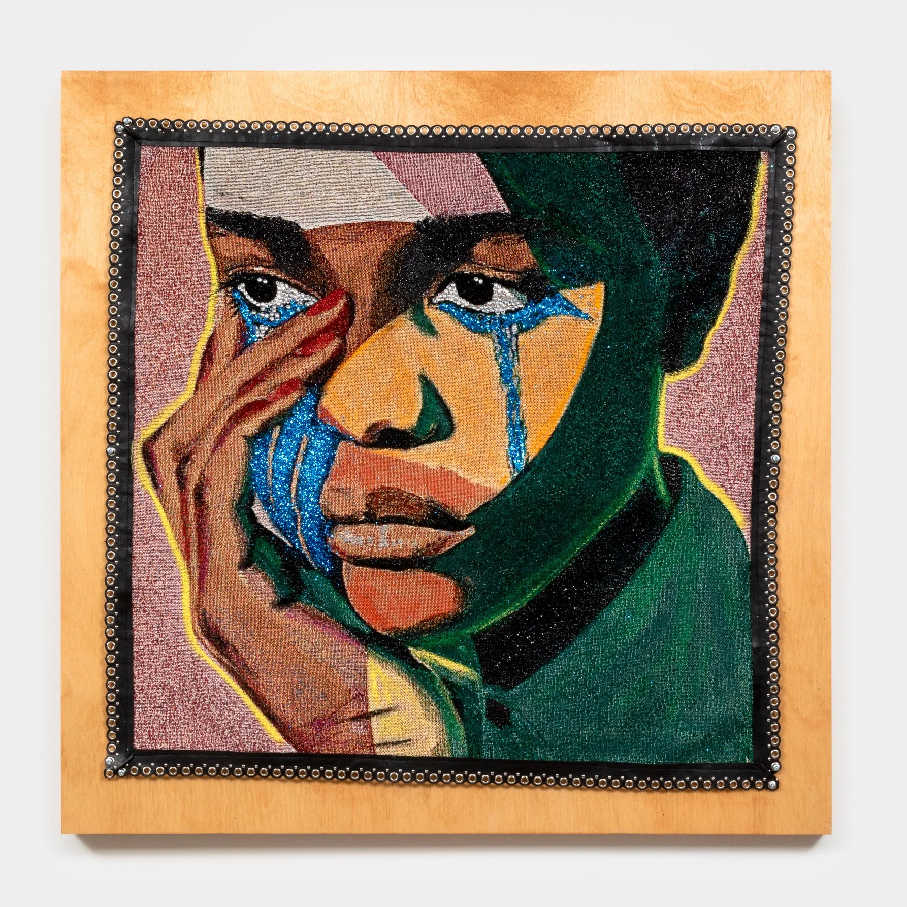 Akea Brionne 
 The Truth Arrives Blue , 2025 
Jacquard, glitter, adhesive, rhinestone, oil stick, screws, leather on wood panel 
36 x 36 inches 
91.44 x 91.44 cm