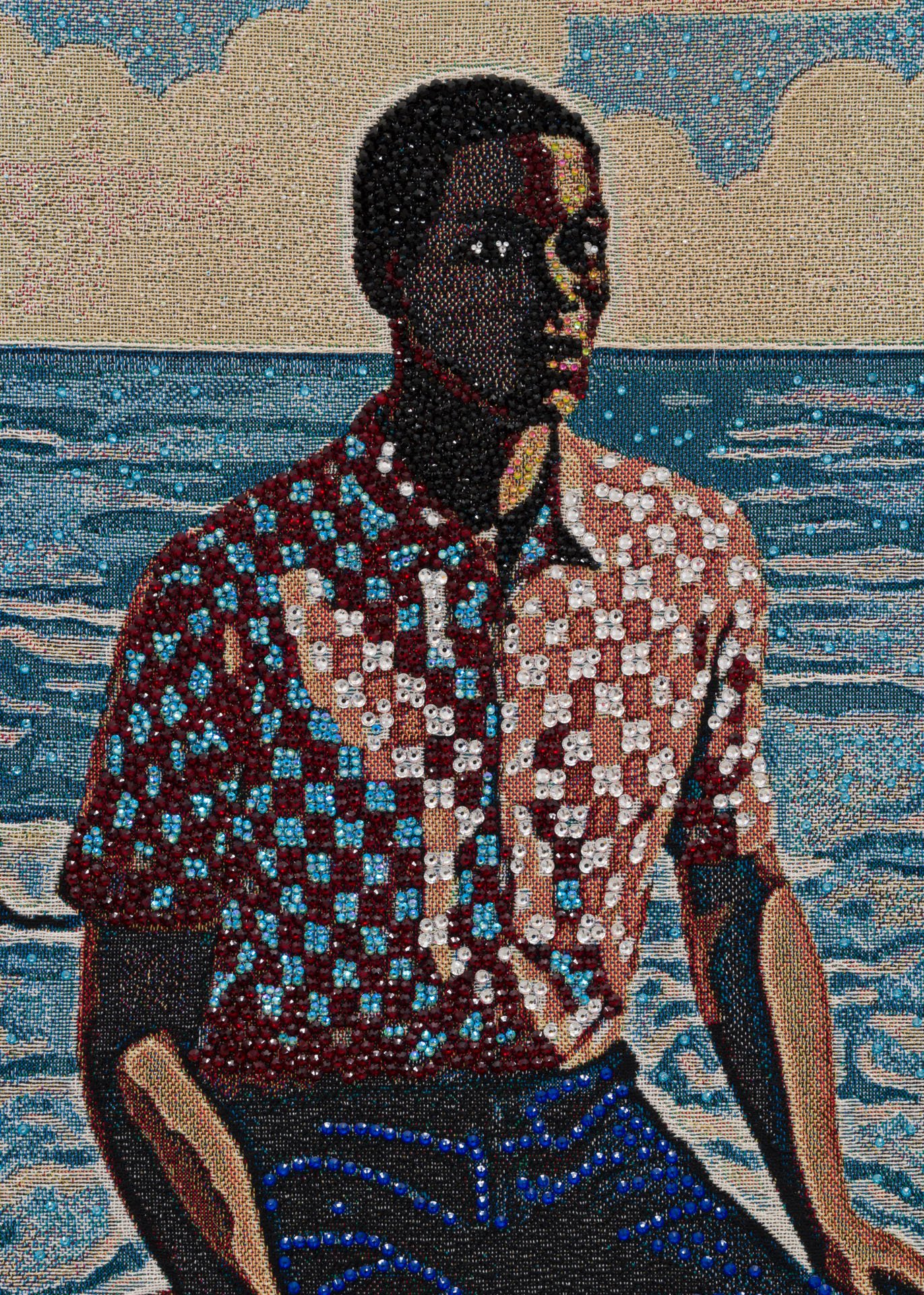 Akea Brionne,  Garden Portrait #1,   2023, Digital woven image on jacquard, rhinestones, poly-fil, and thread, detail