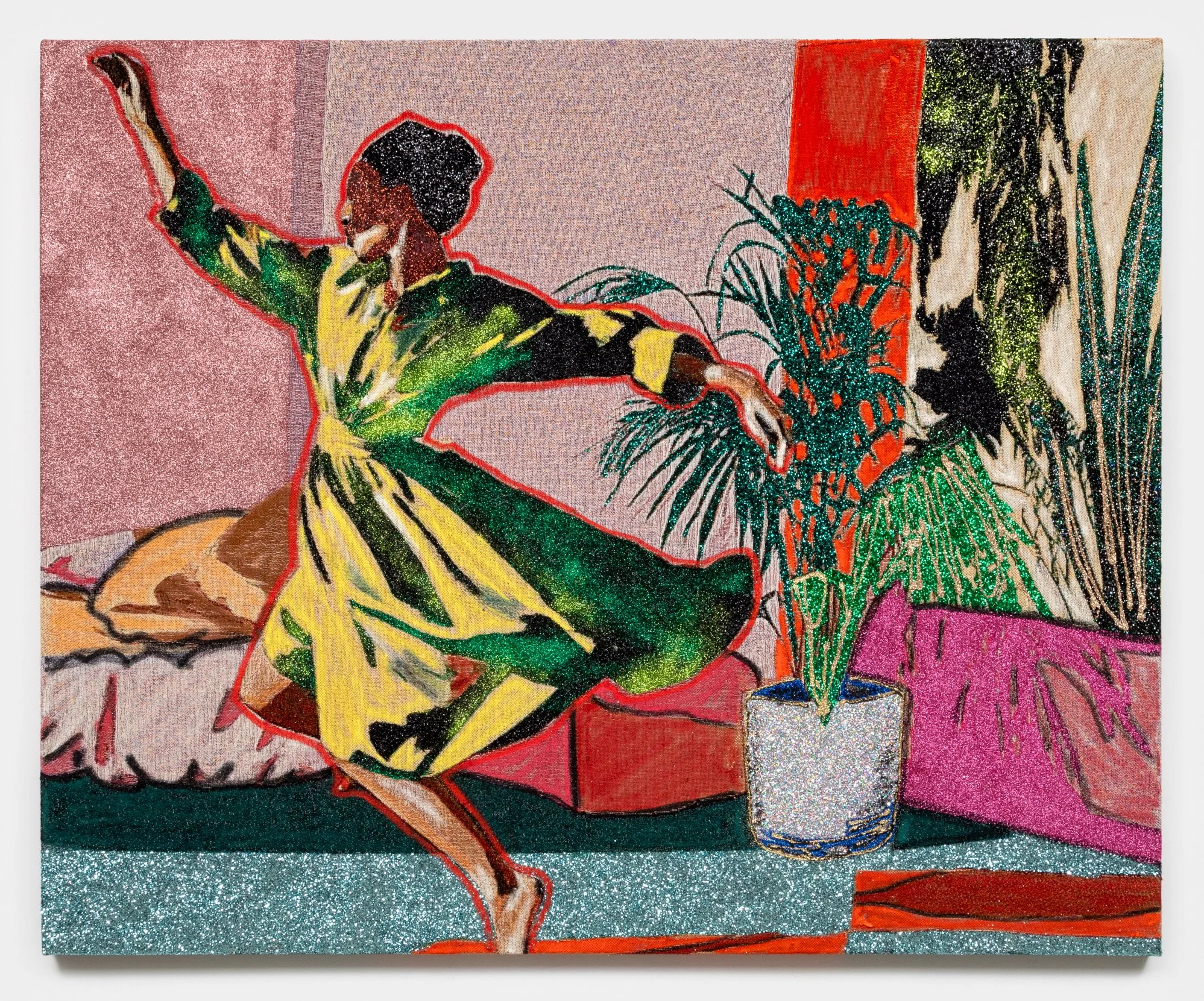 Akea Brionne 
 Where Stillness Breaks , 2025 
Jacquard, glitter, adhesive, oil stick 
48 x 60 inches 
121.92 x 152.4 cm