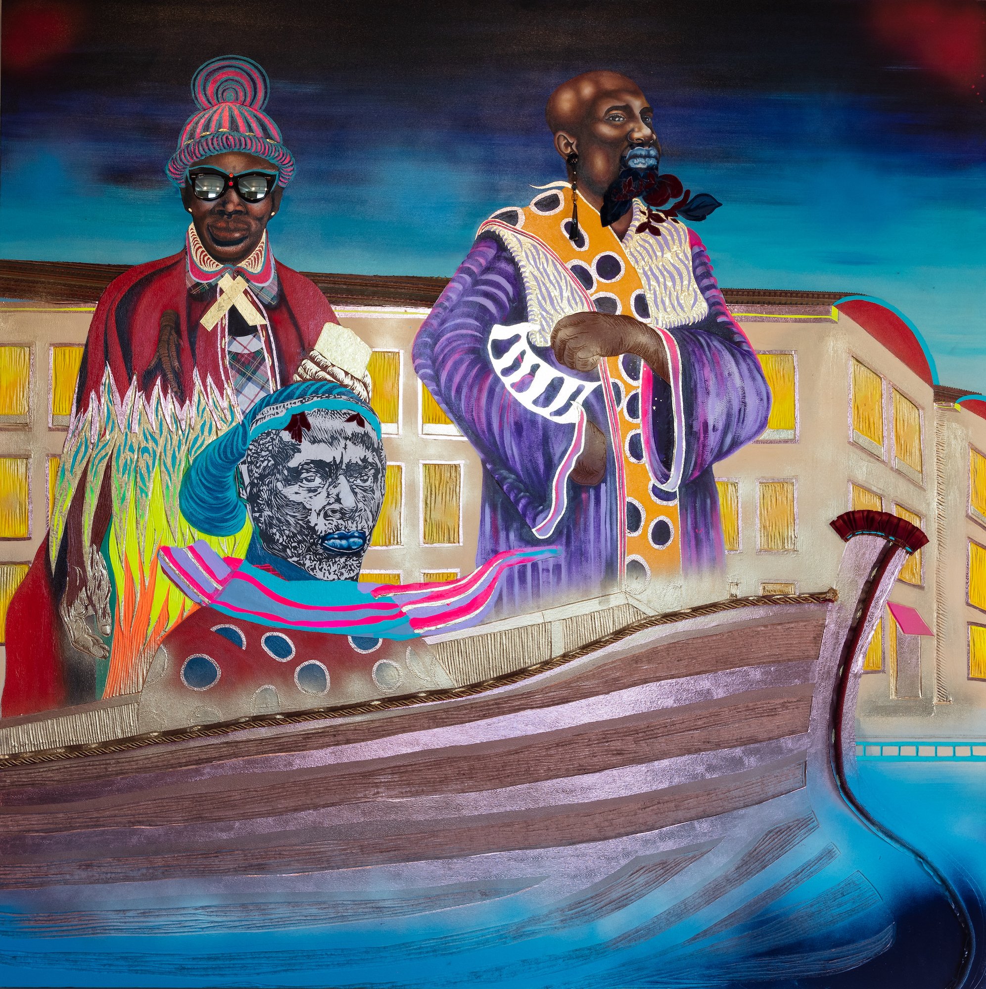 Phumelele Tshabalala 
 Prodigal Brothers , 2022 
Acrylic, oils, Ray ban shades, collage, cotton, embellishments on wood 
60 x 60 x 3 inches 
152.4 x 152.4 x 7.6 cm