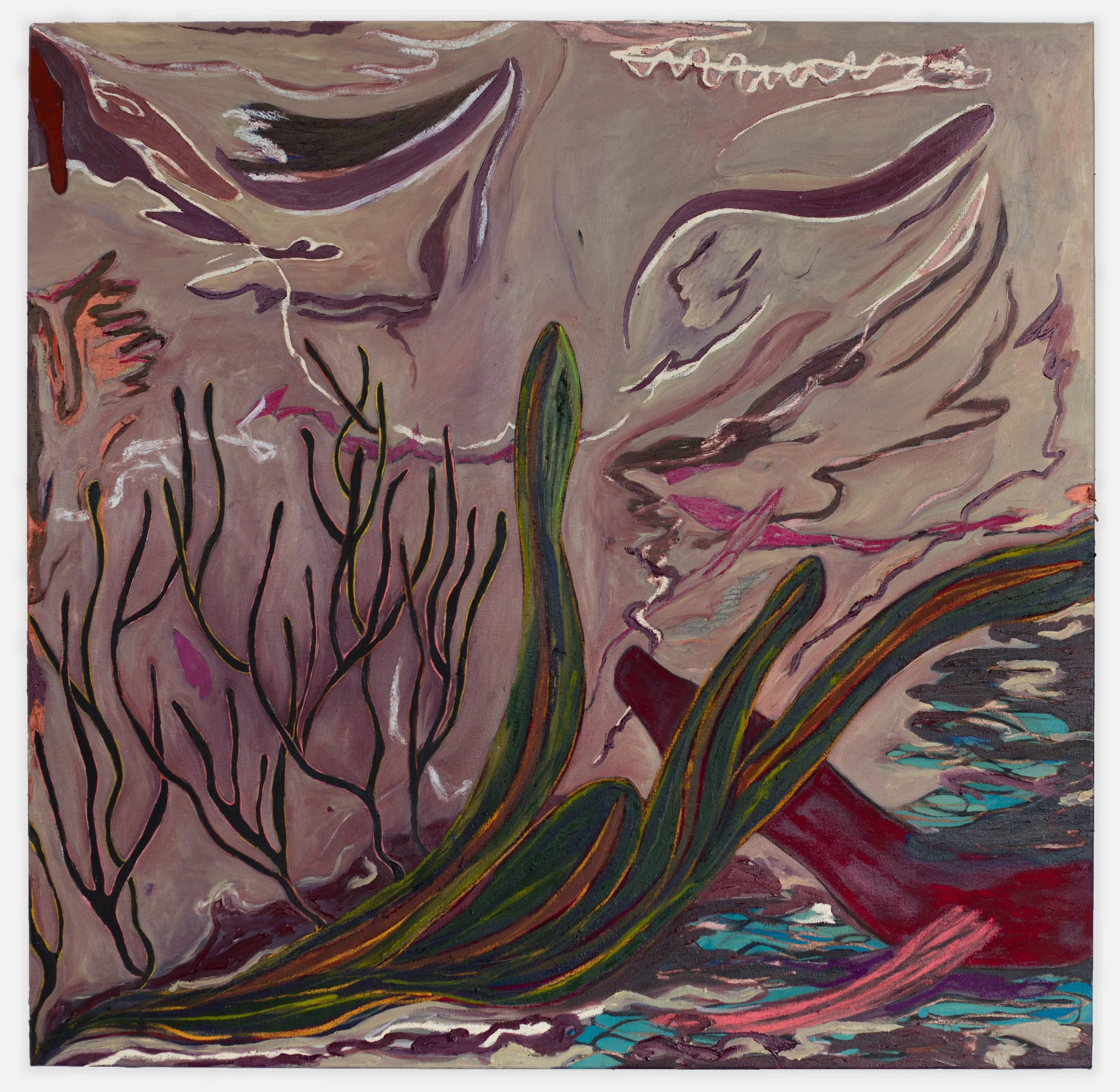  Fernanda Galvão ,
 Purple Lightning , 2026,
Charcoal, dry pastel, oil bar, and oil on linen,
43 1/4 x 44 1/4 inches,
110 x 112.5 cm