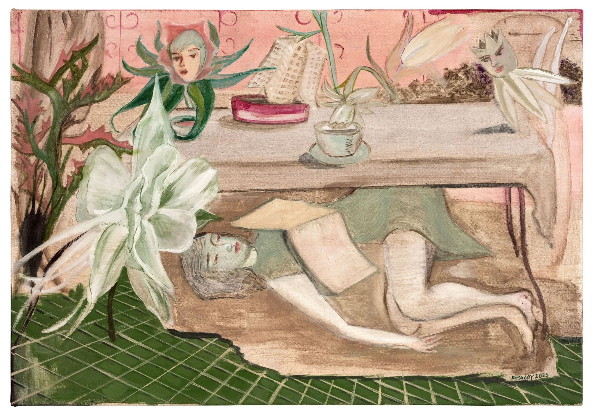 Rosa Loy   Served (Aufgetischt) , 2023  Casein on canvas  17 3/4 x 25 5/8 inches, 45 x 65 cm