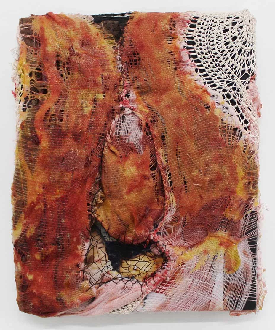 
 Ophelia Arc ,
 gore (segment), flayed with you , 2026,
latex, dye, gauze, thread, photo of a photo from the artist's childhood, and acrylic paint on panel,
10 x 8 x 1 inches,
25.4 x 20.3 x 2.5 cm