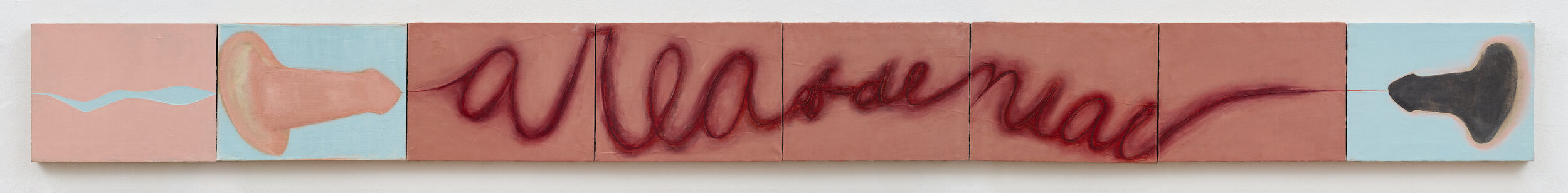  War Frieze VI: Area of Denial: Pink and Blue , 1992
 Oil on 8 linen canvases
 12 x 16 inches (each), 12 x 128 inches (total)