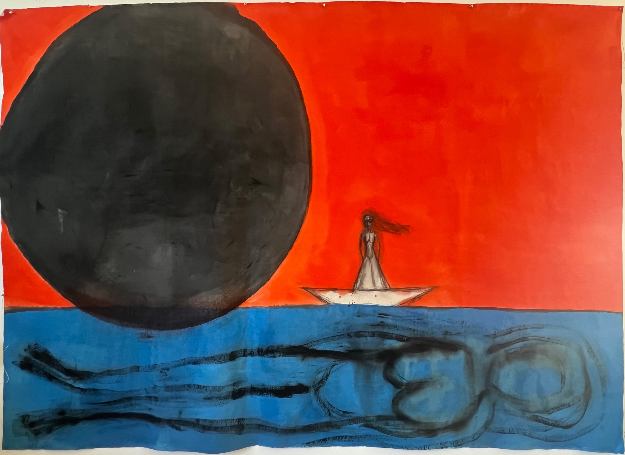  Mira Schor ,
 Ocean Cruise , 2026,
acrylic and ink on canvas,
71 x 101 inches,
180.3 x 256.5 cm.
