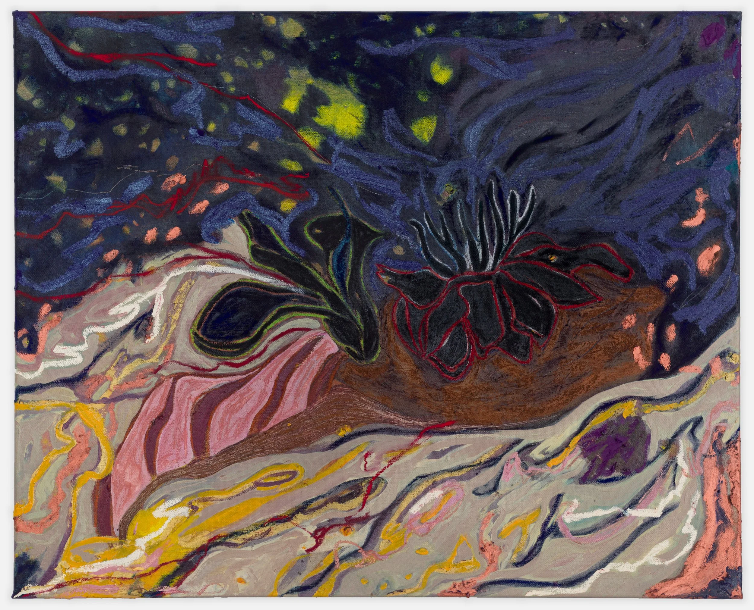  Fernanda Galvão ,
 Cocoa Caracol , 2026,
Charcoal, dry pastel, oil bar and oil on linen,
25 5/8 x 31 3/4 x 1 5/8 inches,
65 x 80.5 x 4 cm