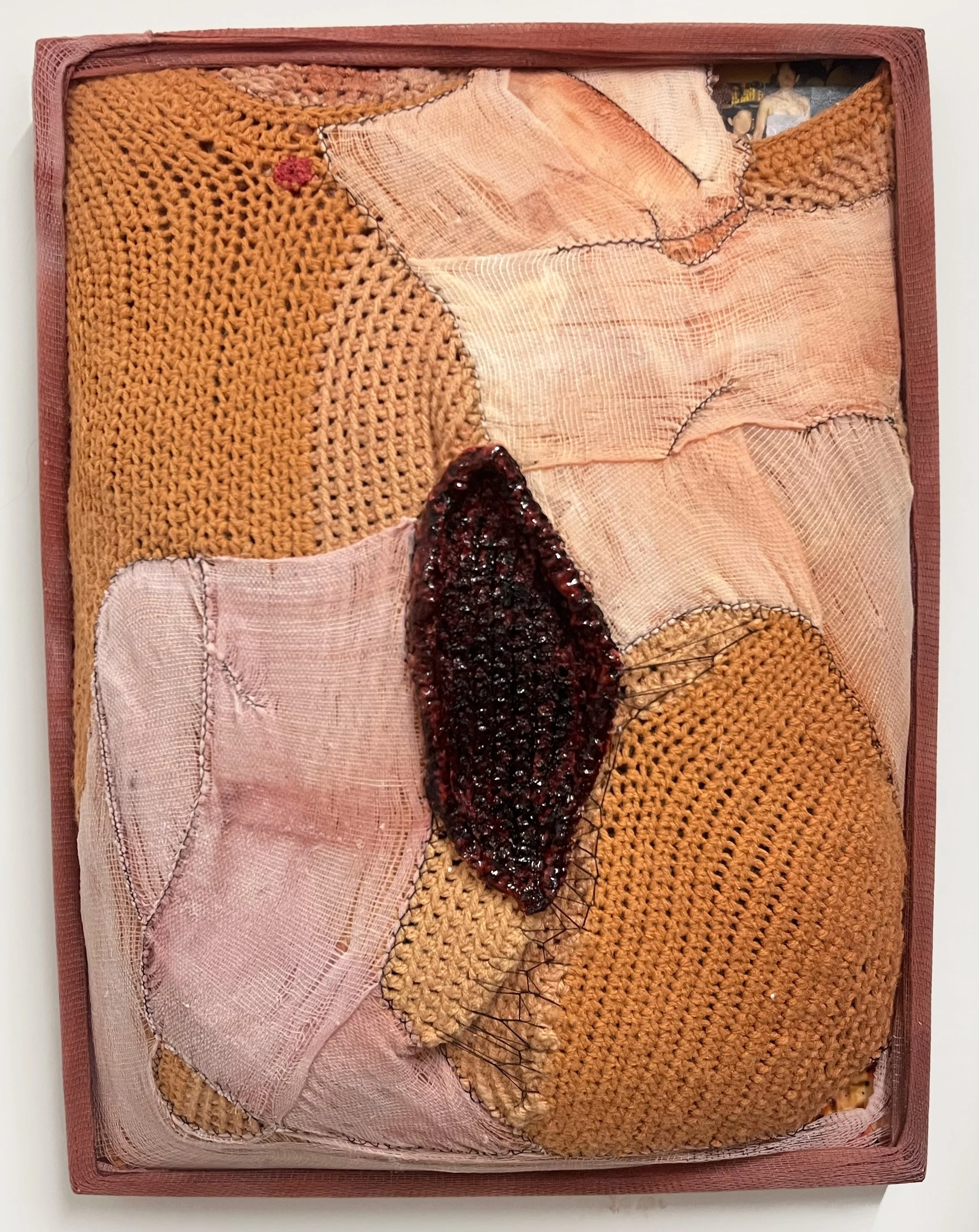  Ophelia Arc ,
 'i' and (m)'other' , 2026,
tulle, gauze, hand dyed yarn, thread, digital manipulated photo from the artist's childhood, latex, and dye on found frame,
22 x 16 1/2 x 1 1/2 inches,
41.9 x 55.9 x 3.8 cm