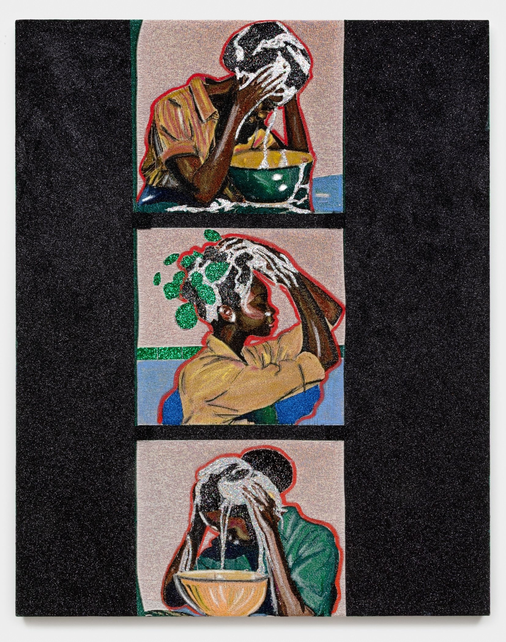 Akea Brionne 
 What Washing Cannot Remove , 2025 
Jacquard, glitter, adhesive, oil stick 
60 x 48 inches 
152.4 x 121.92 cm