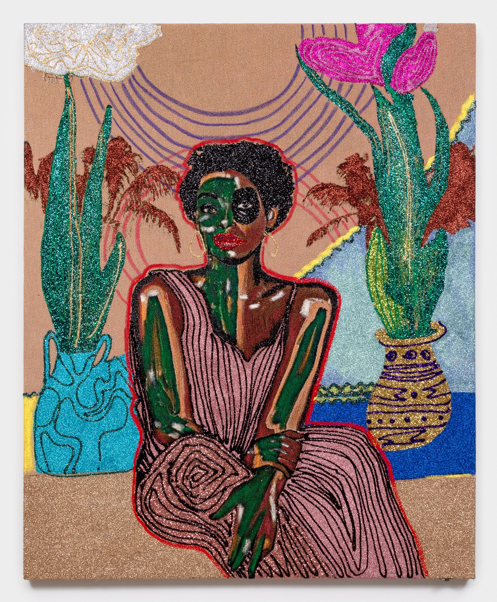 Akea Brionne 
 The Garden Does Not Rush , 2025 
Jacquard, glitter, adhesive, oil stick 
60 x 48 inches 
152.4 x 121.92 cm