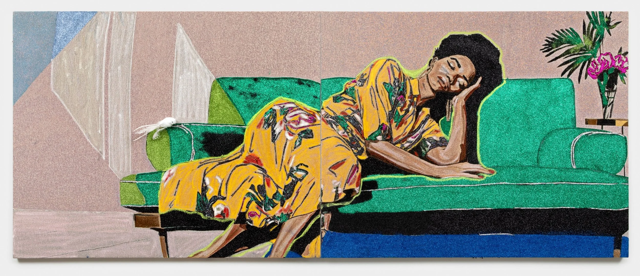 Akea Brionne 
 Where the Body Lands , 2025 
Jacquard, glitter, adhesive, oil stick, flocking, feather, foam 
48 x 120 inches (total) 
121.92 x 304.8 cm (total) 
48 x 60 inches (each) 
121.92 x 152.4 cm (each) 