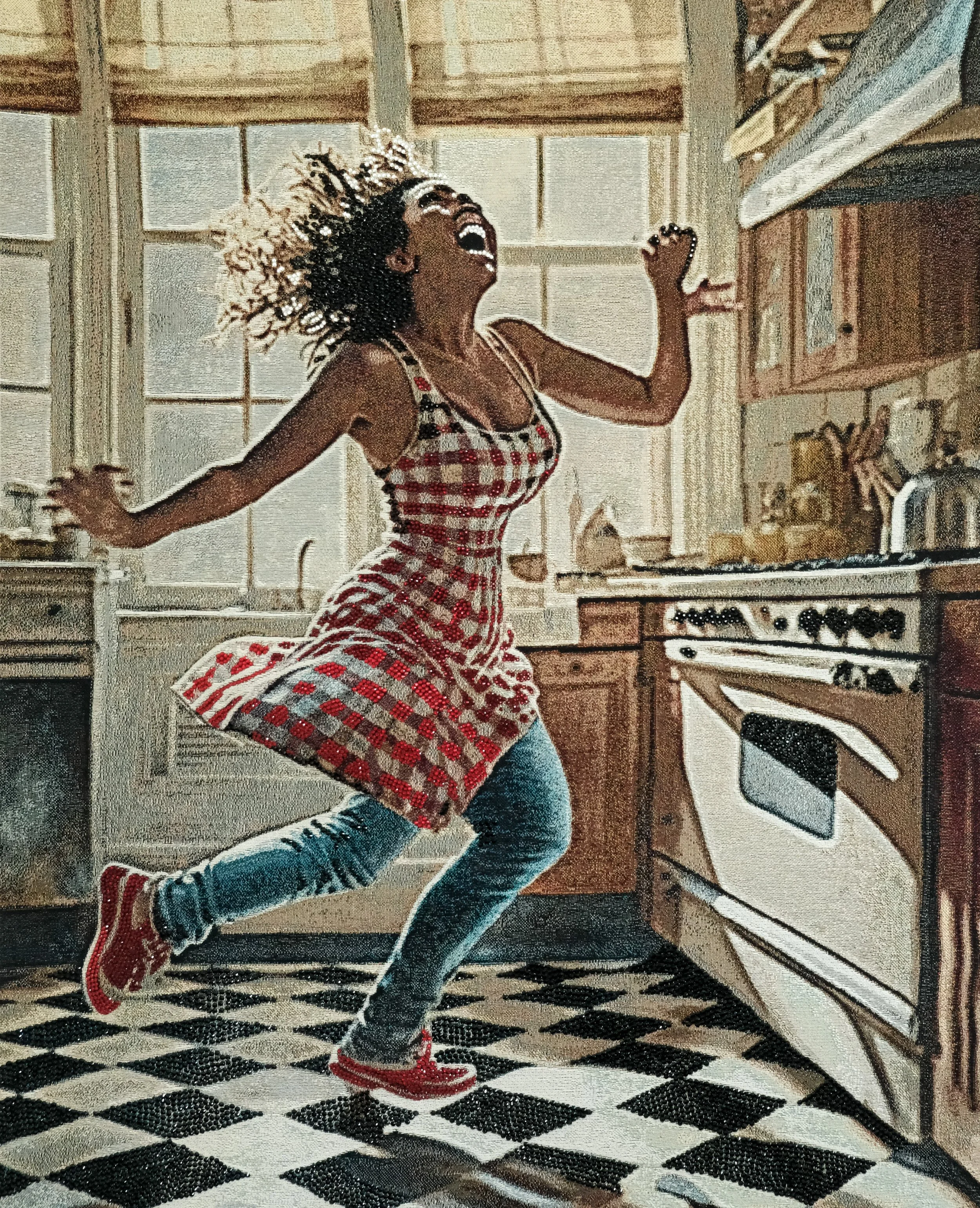 Akea Brionne,  Dancing in the Kitchen #1 , 2023, Digitally woven jacquard, hot-fix crystals, poly-fil, yarn, 48 x 60 inches, 121.9 x 152.4 cm