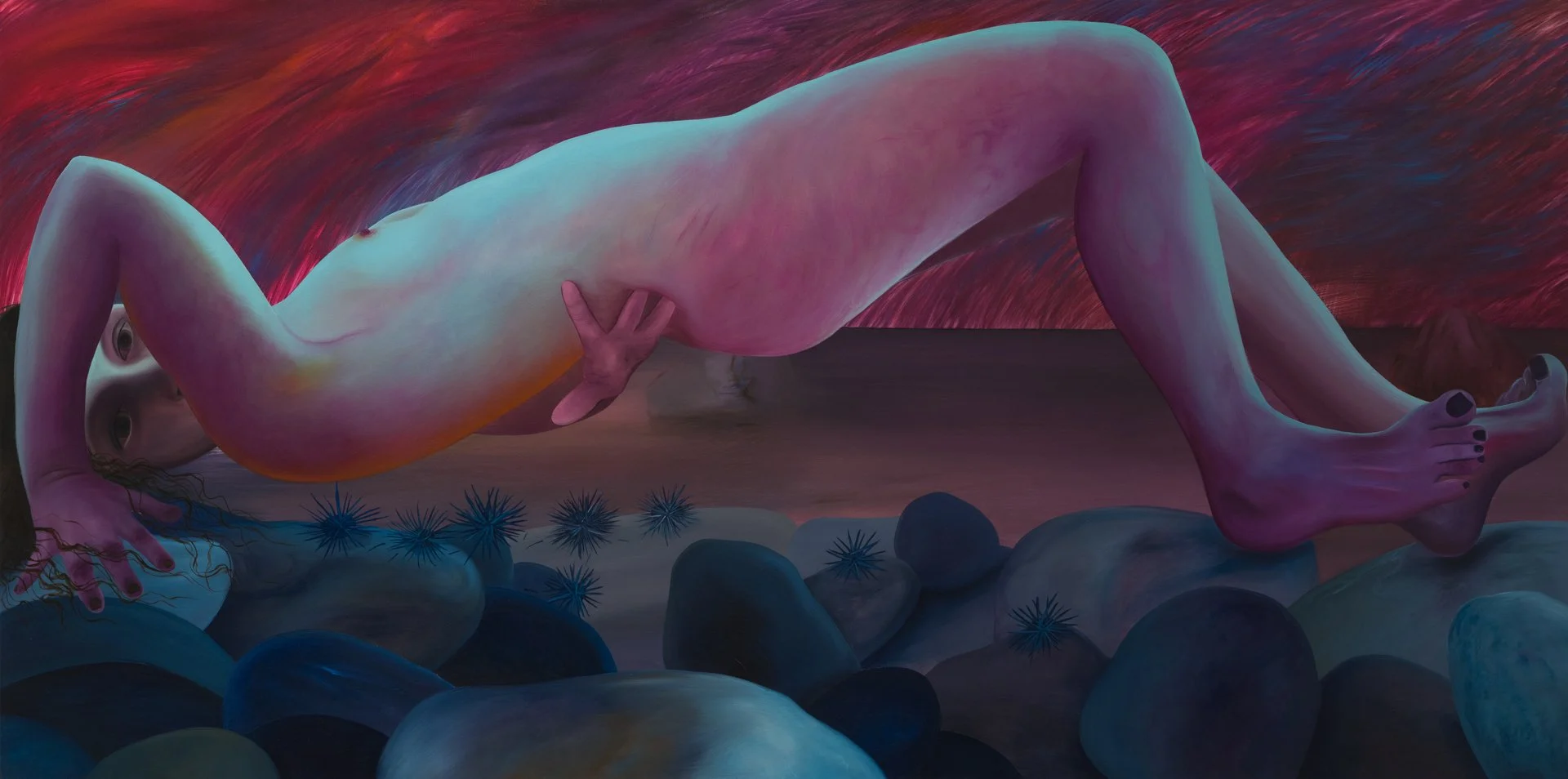 Paulina Stasik,  Body Tense,   2023, Oil on canvas, 39 3/8 x 78 3/4 inches, 100 x 200 cm